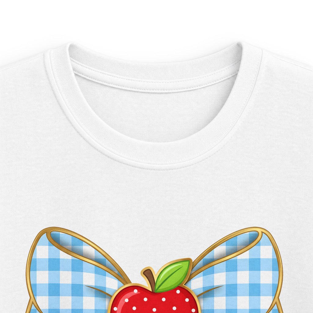 Personalized Kids Tee — Blue Gingham Bow, Apple & Pencil School Name Shirt