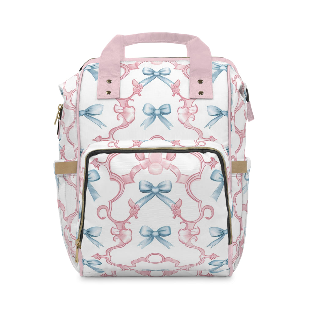 Pastel Bow Diaper Backpack – Multifunctional Baby Bag with Pink & Blue Ribbon Pattern