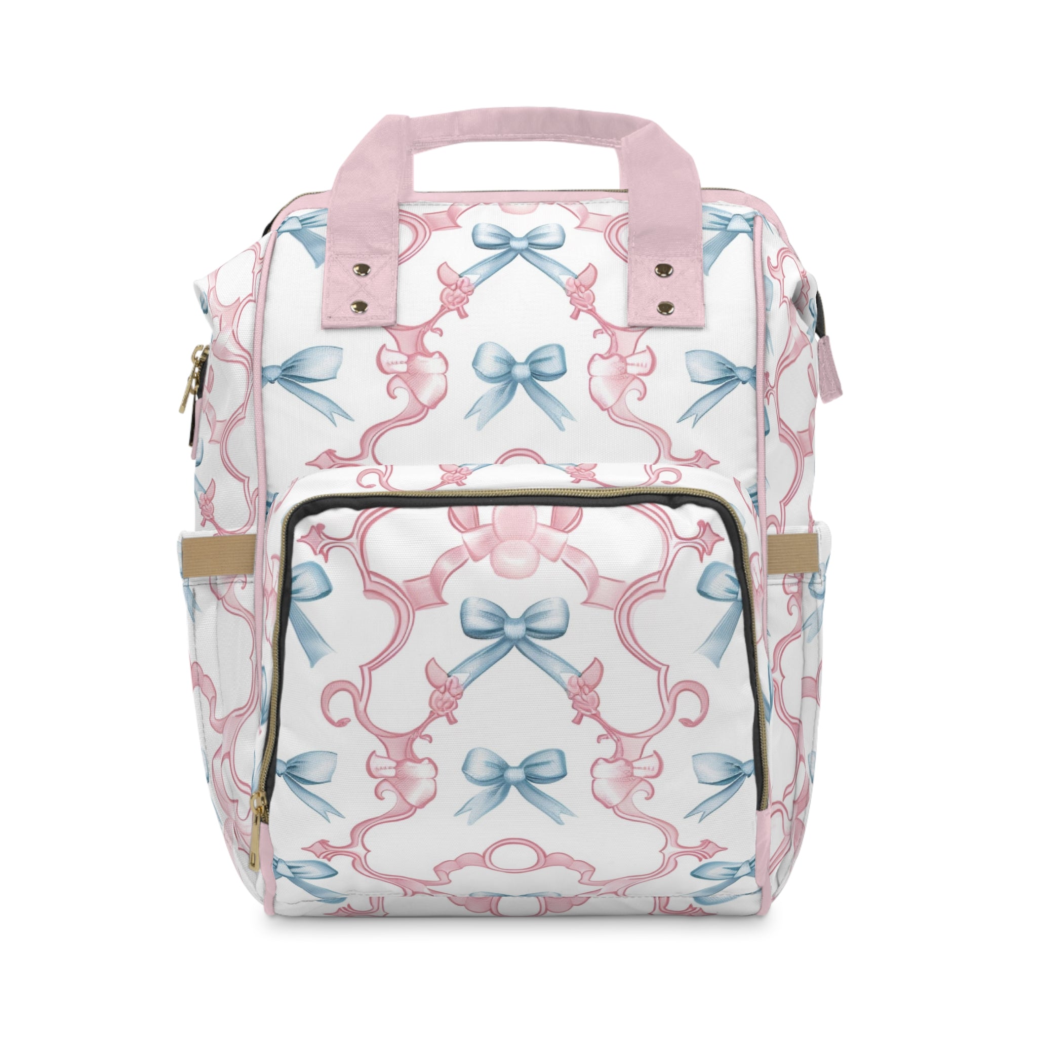 Pastel Bow Diaper Backpack – Multifunctional Baby Bag with Pink & Blue Ribbon Pattern