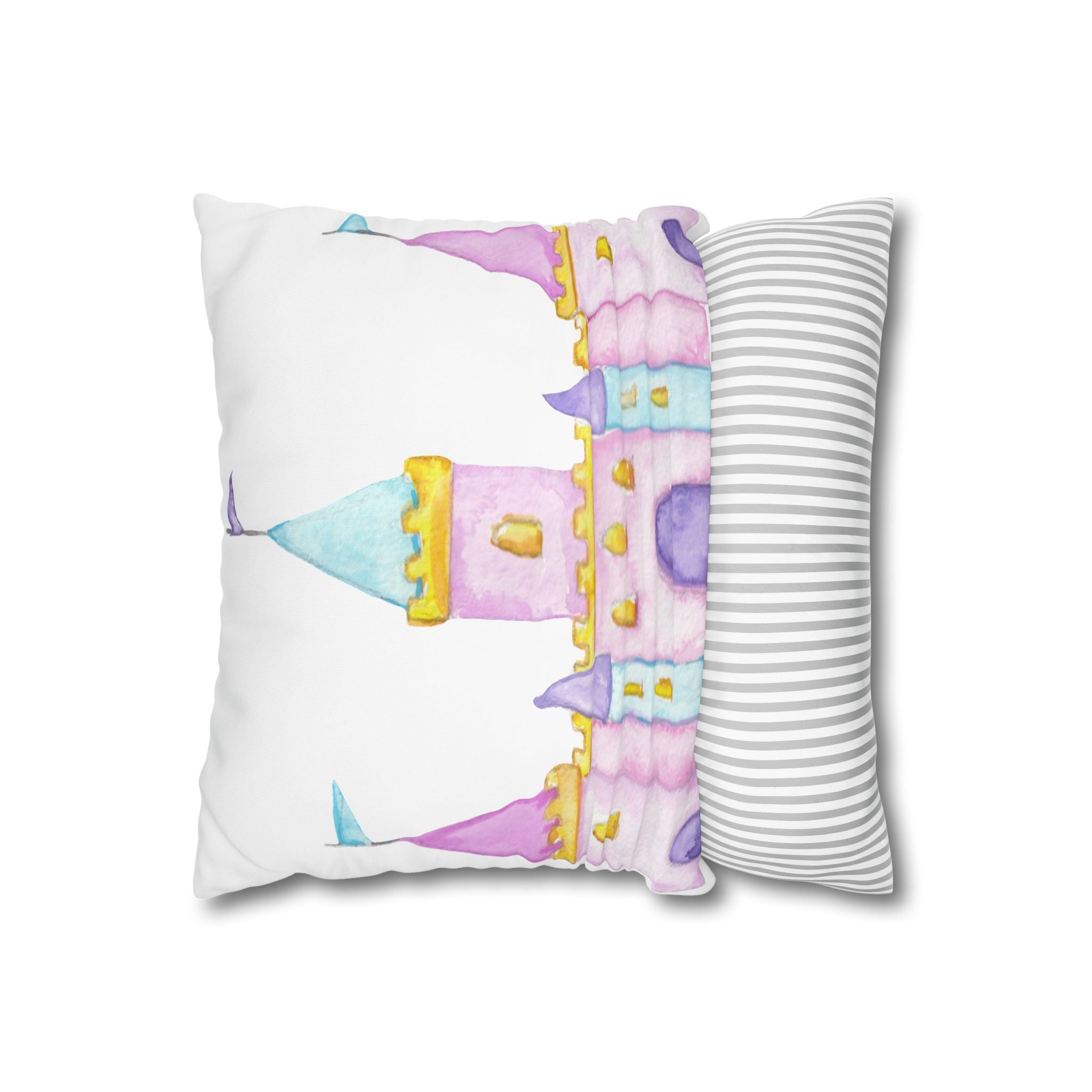 Watercolor Princess Castle Pillowcase — Square Decorative Throw Pillowcase for Nursery & Kids’ Room