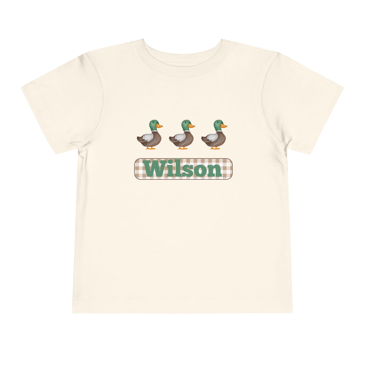 Personalized Toddler Tee - Green Mallard Ducks with Plaid Name (Wilson)