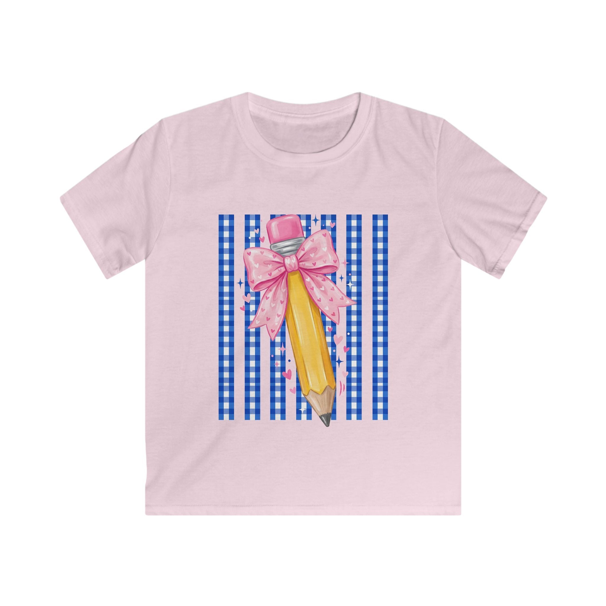 Kids Tee — Yellow Pencil with Pink Bow on Blue Gingham Back-to-School Shirt