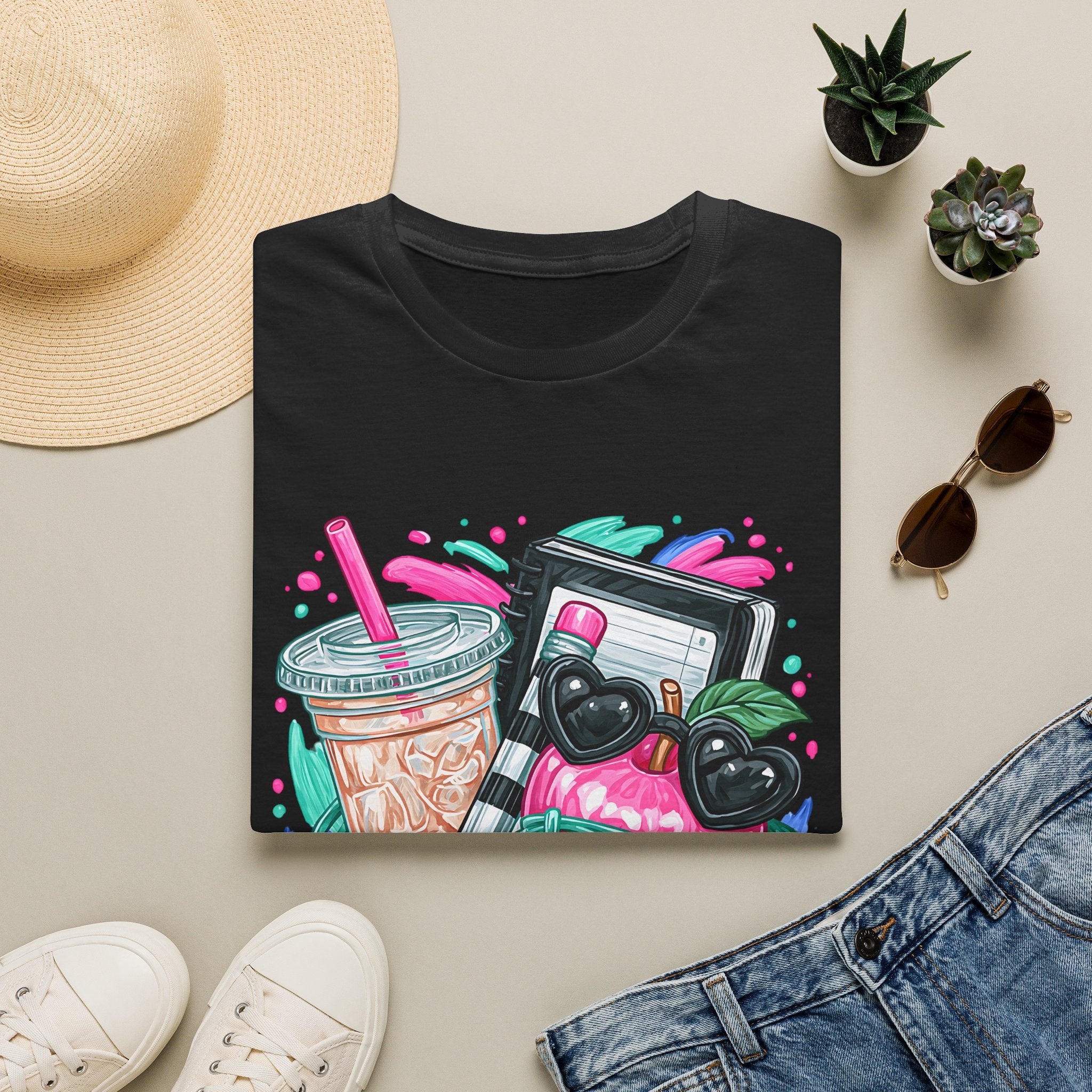 Retro Aesthetic Tee — Cute Cassette, Sunglasses & Iced Coffee Graphic Shirt