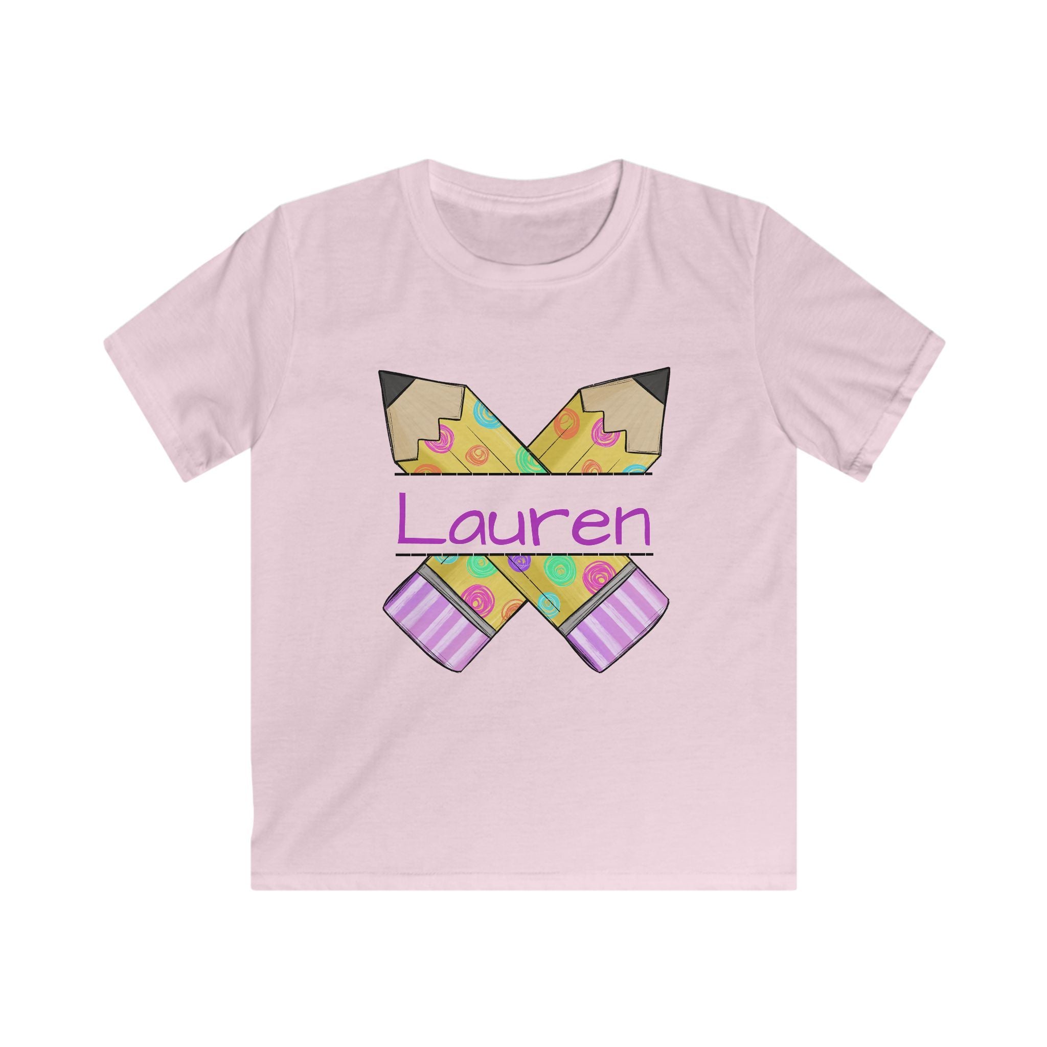 Personalized Kids Tee — Crossed Pencils Design with Name (Lauren)