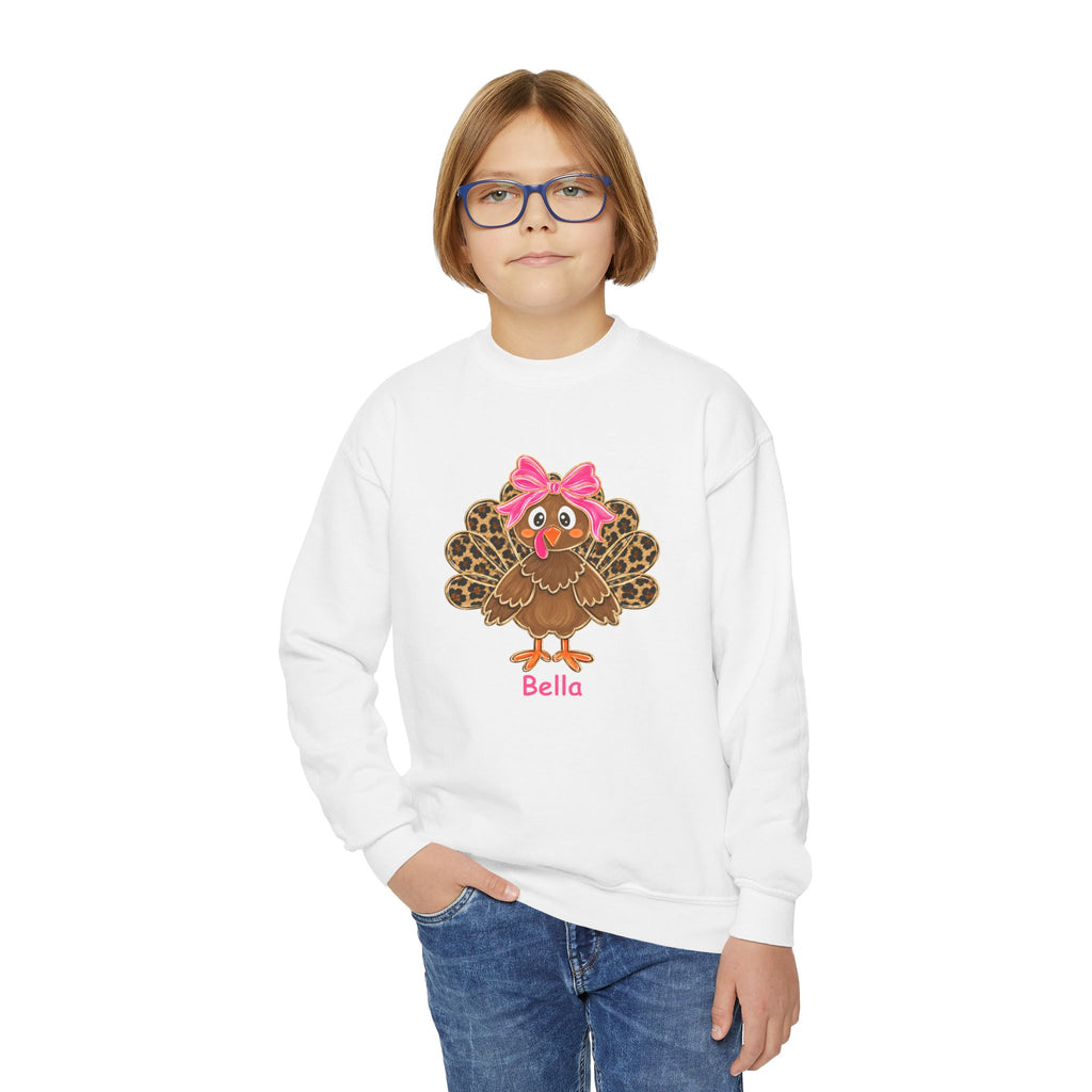 Kids' Personalized Leopard Turkey Crewneck Sweatshirt – Cute Thanksgiving Pullover with Name