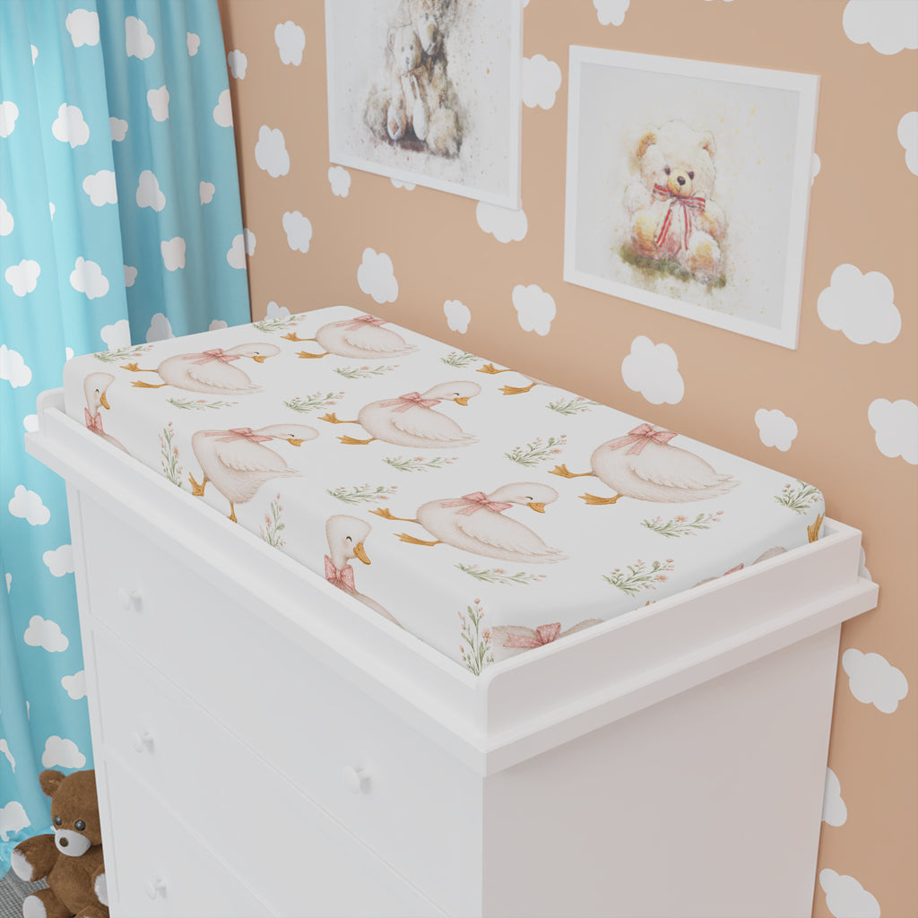 Duckling Floral Baby Changing Pad Cover — Soft Pink Swan Pattern Nursery Accessory