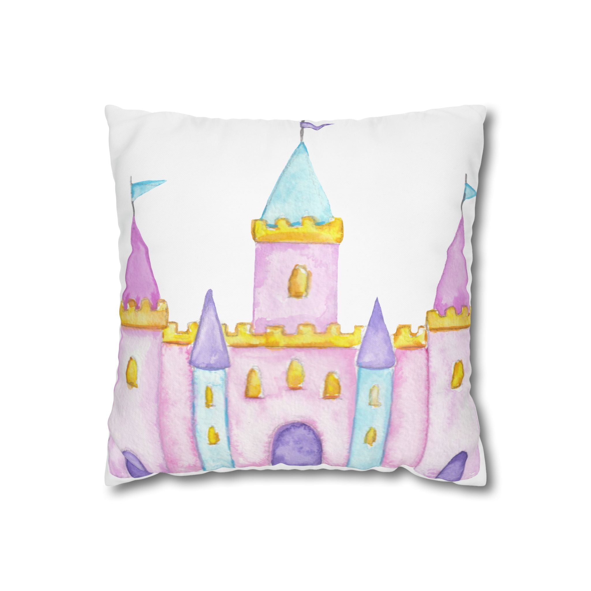 Watercolor Princess Castle Pillowcase — Square Decorative Throw Pillowcase for Nursery & Kids’ Room