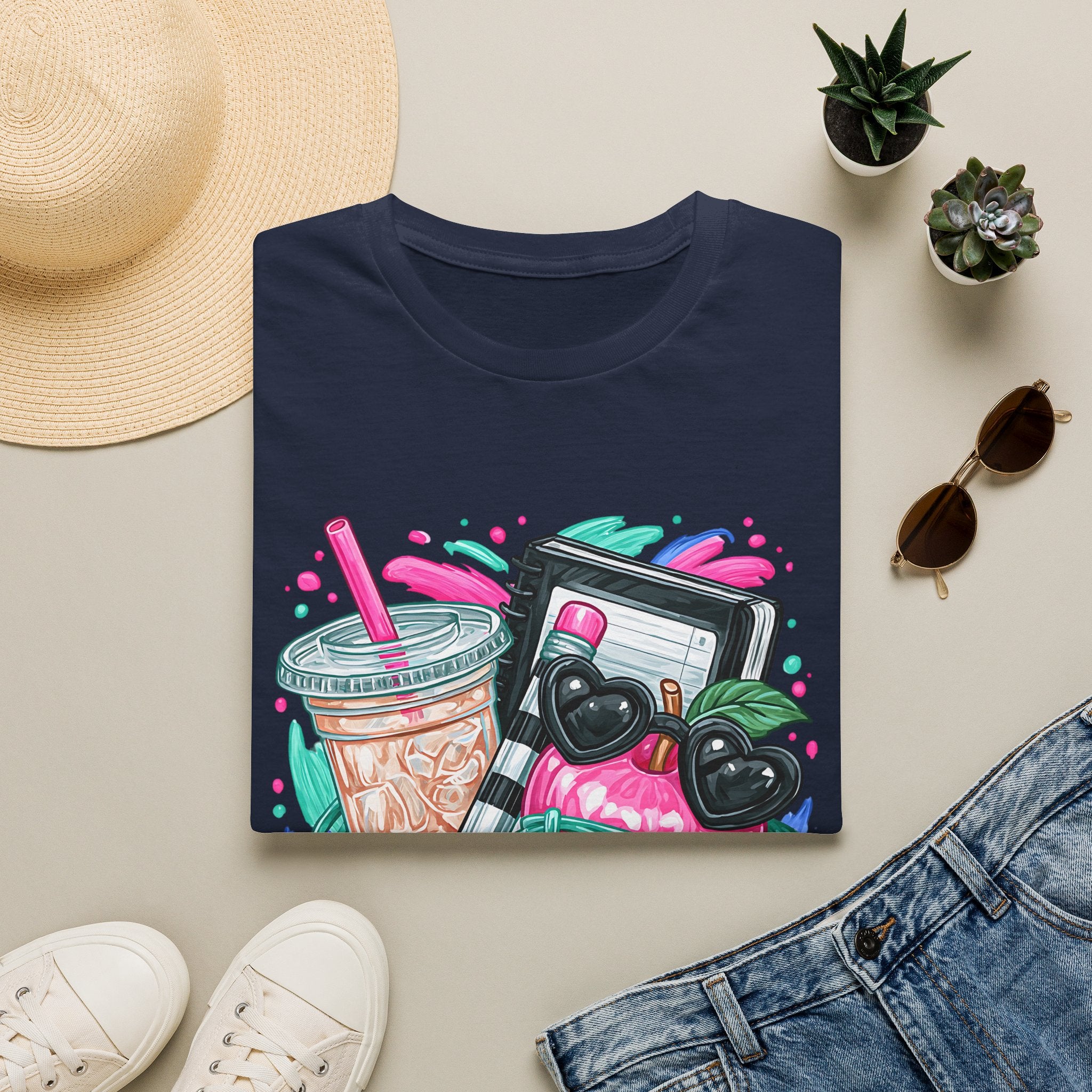 Retro Aesthetic Tee — Cute Cassette, Sunglasses & Iced Coffee Graphic Shirt