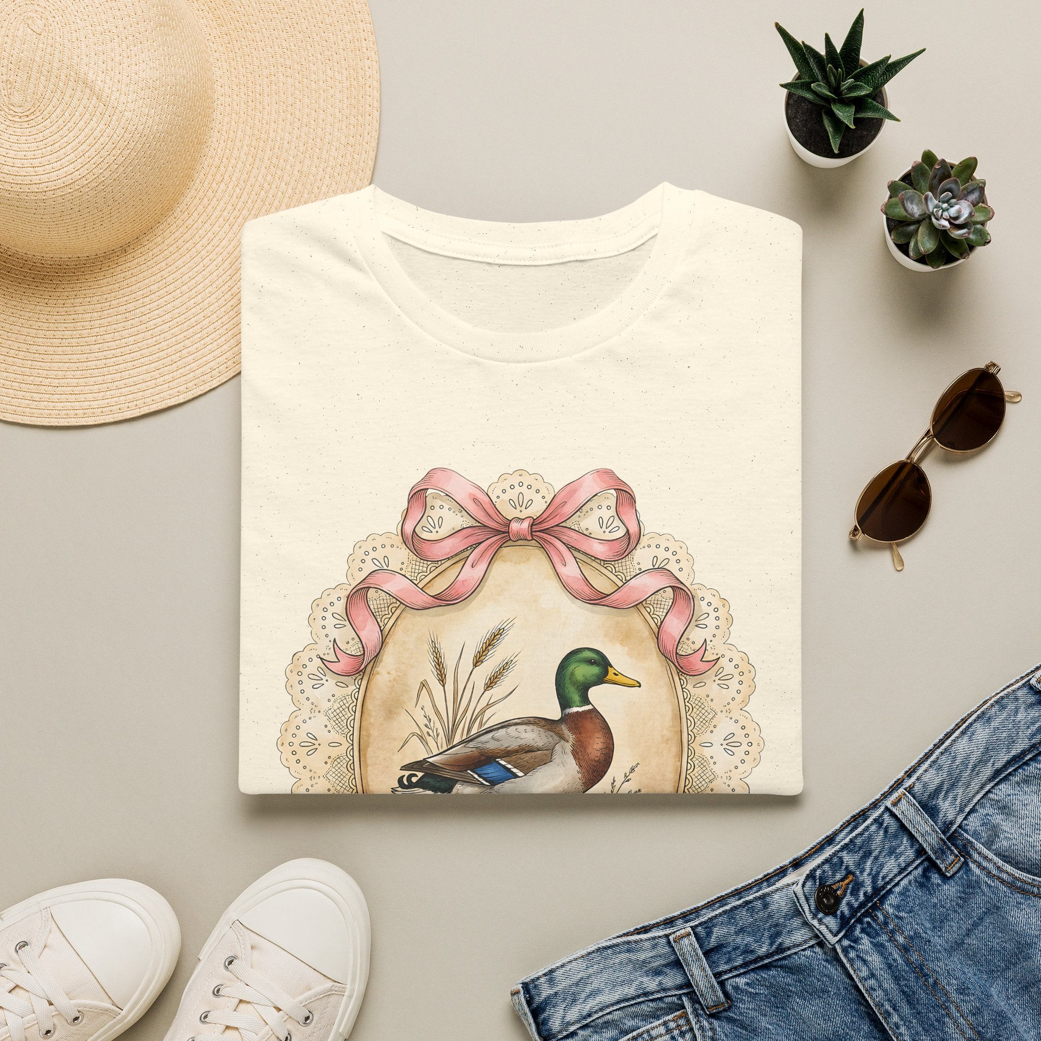 Mallard Duck Vintage Portrait T-Shirt — Pink Bow Cottagecore Tee