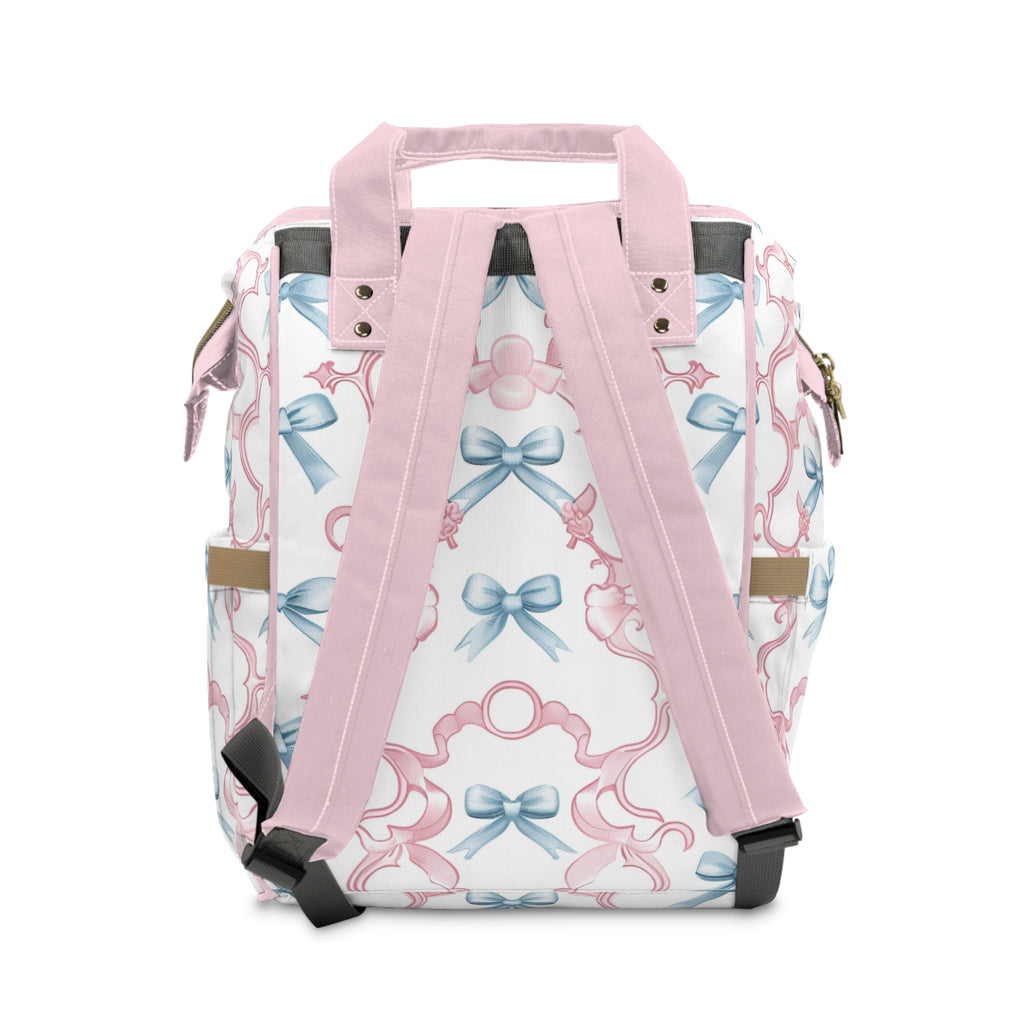 Pastel Bow Diaper Backpack – Multifunctional Baby Bag with Pink & Blue Ribbon Pattern