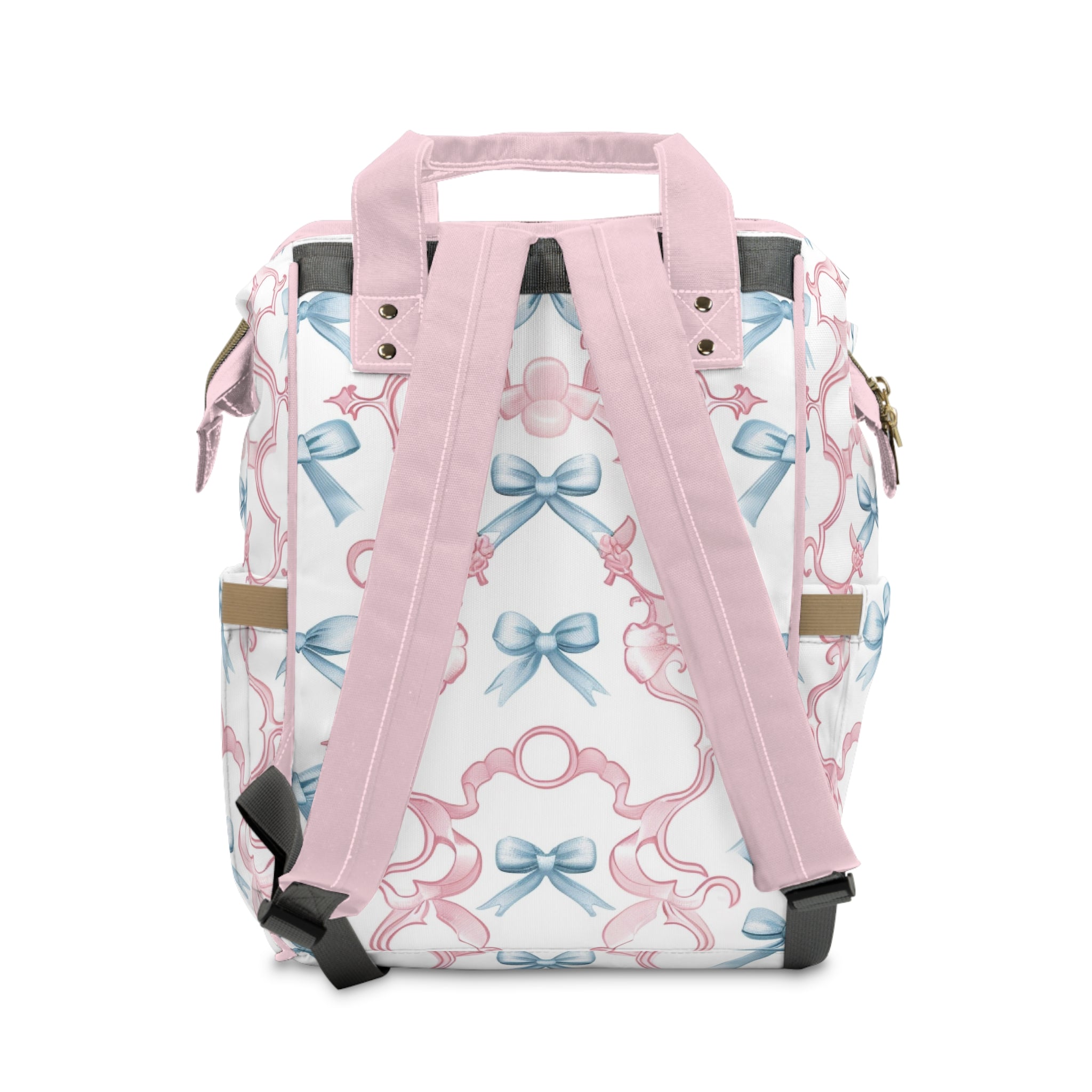Pastel Bow Diaper Backpack – Multifunctional Baby Bag with Pink & Blue Ribbon Pattern