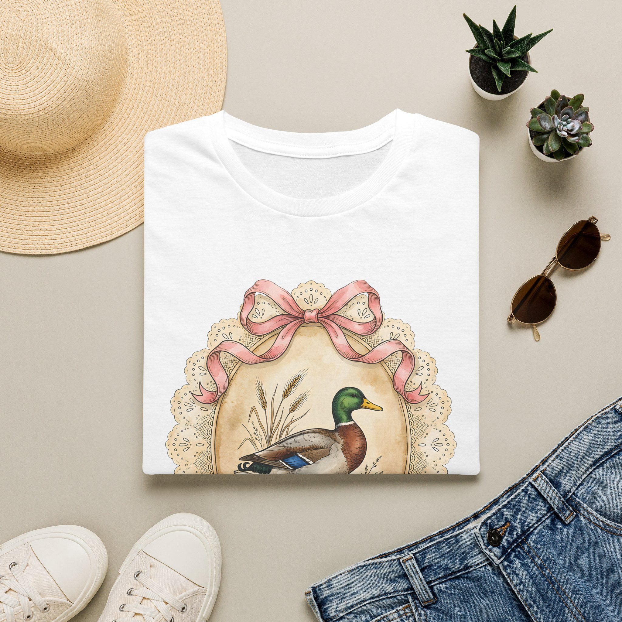 Mallard Duck Vintage Portrait T-Shirt — Pink Bow Cottagecore Tee