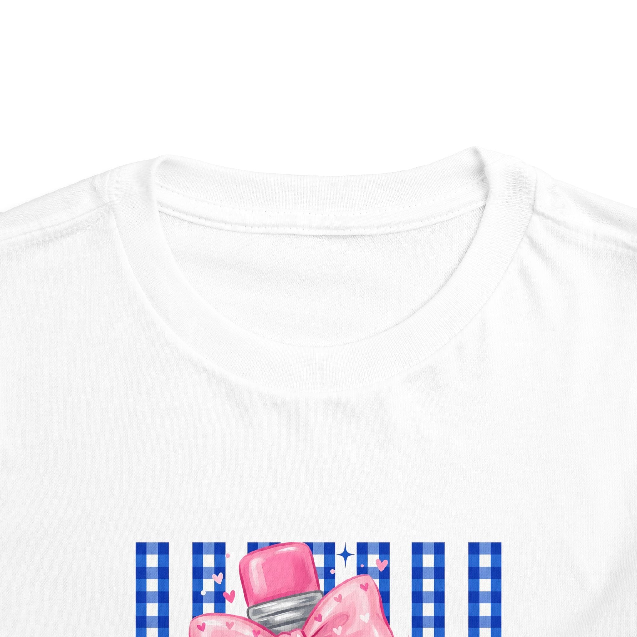 Toddler Tee — Pink Bow Pencil on Blue Striped Background