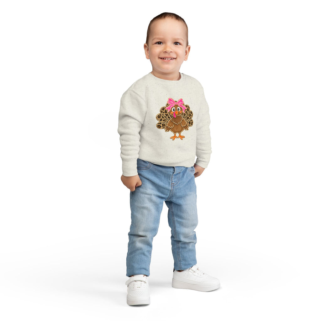 Leopard Print Turkey Toddler Sweatshirt – Cute Pink Bow Thanksgiving Pullover