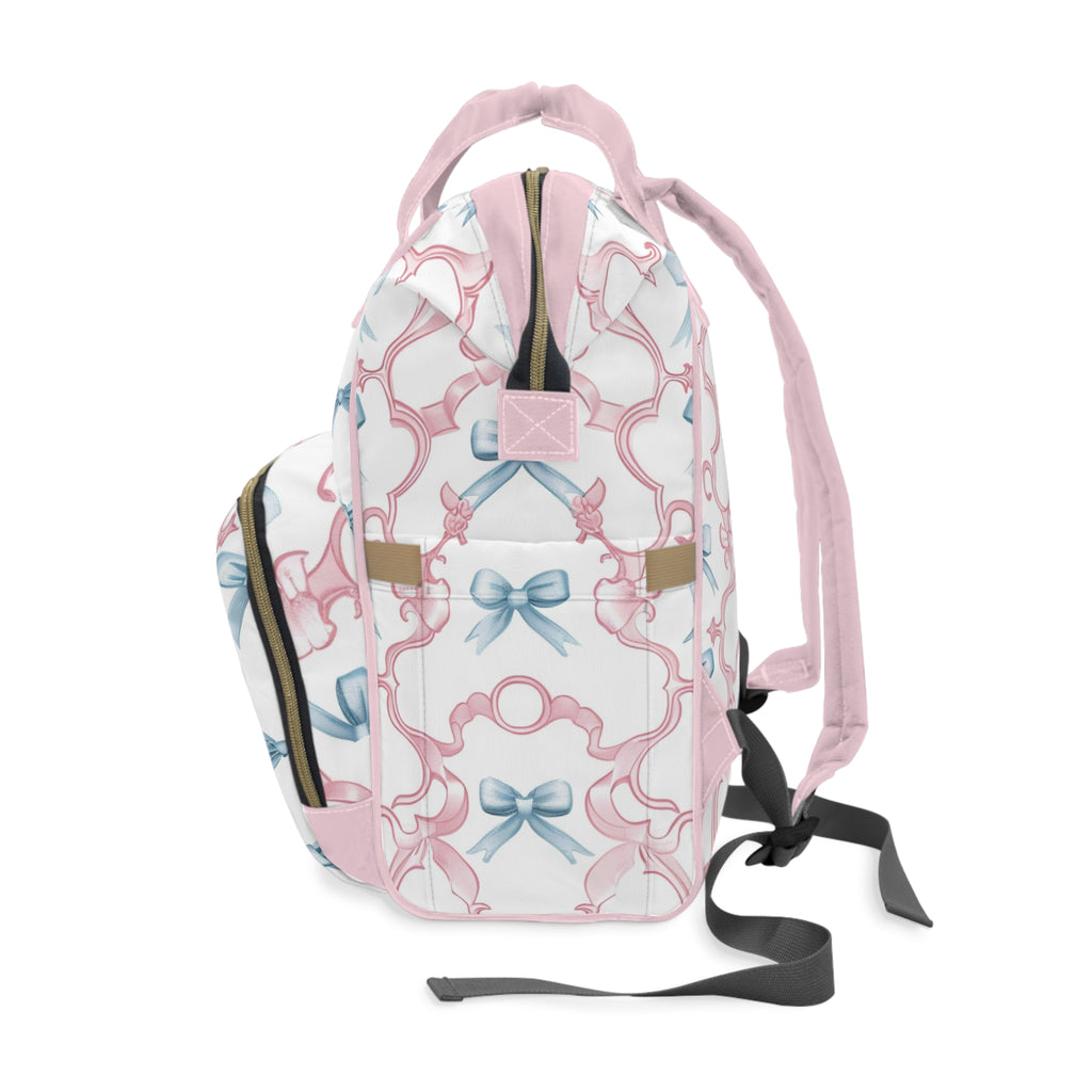 Pastel Bow Diaper Backpack – Multifunctional Baby Bag with Pink & Blue Ribbon Pattern