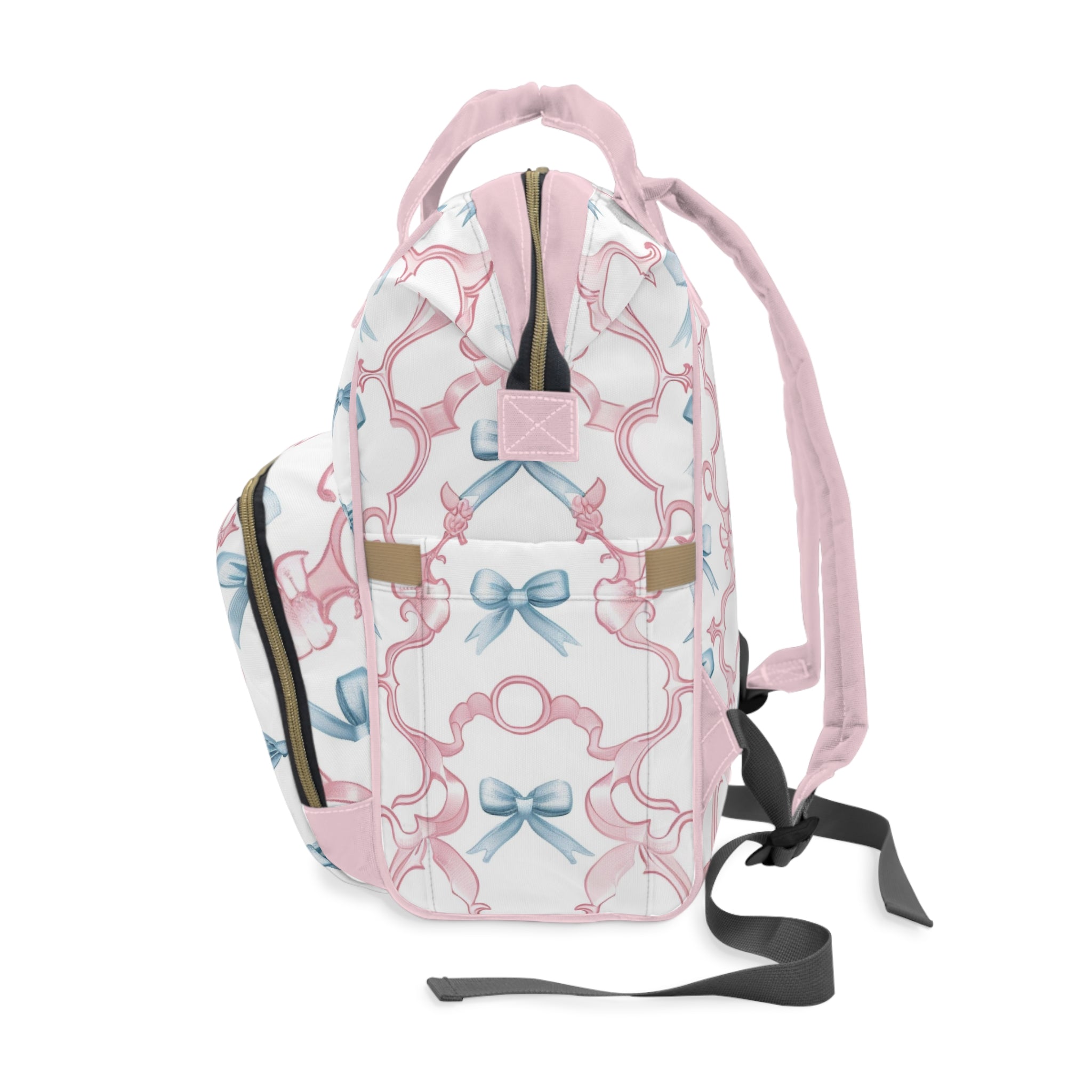 Pastel Bow Diaper Backpack – Multifunctional Baby Bag with Pink & Blue Ribbon Pattern