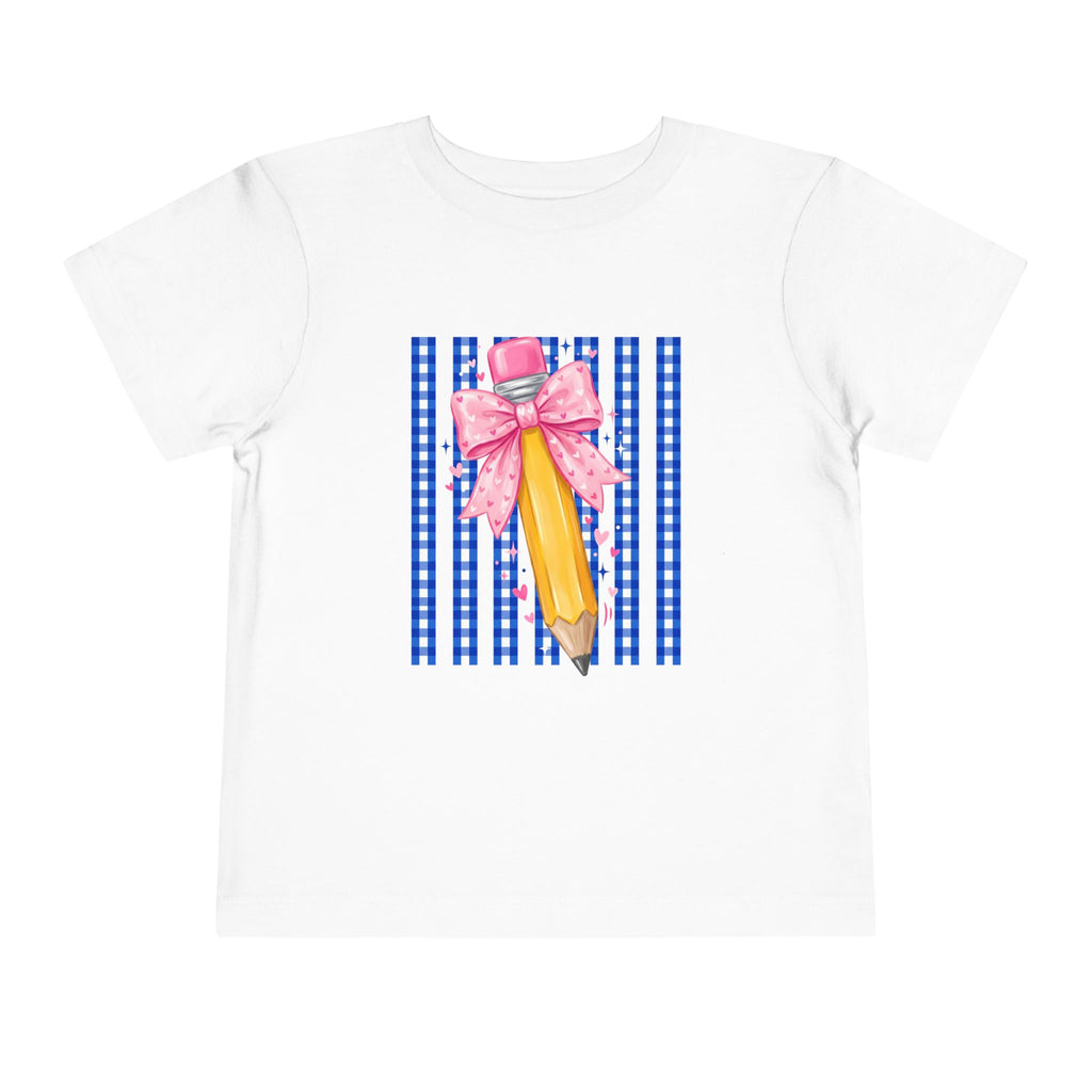Toddler Tee — Pink Bow Pencil on Blue Striped Background