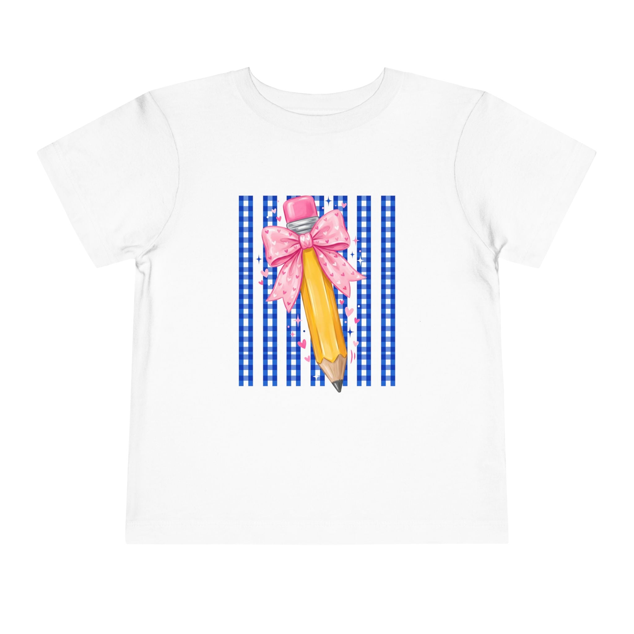 Toddler Tee — Pink Bow Pencil on Blue Striped Background