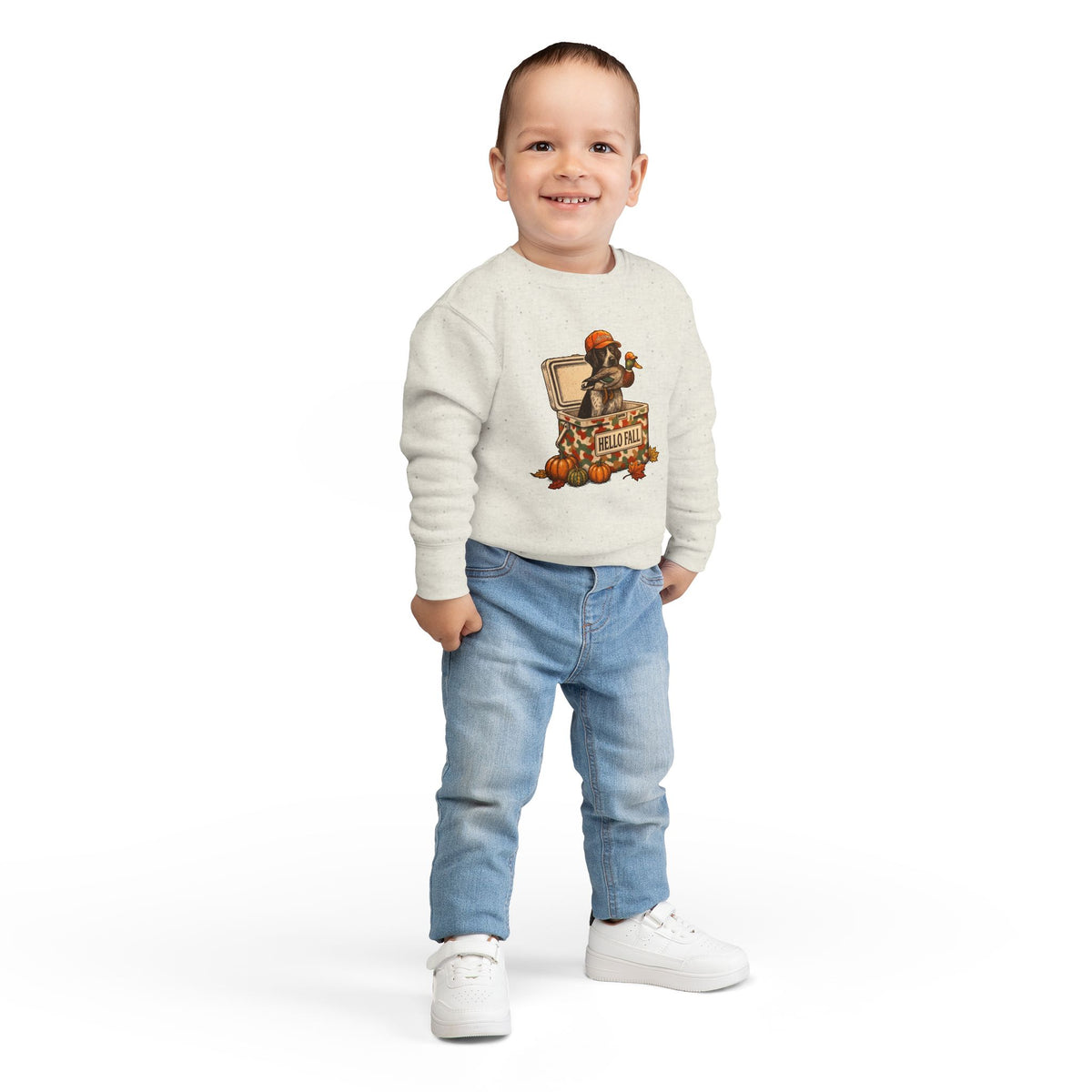 Toddler Sweatshirt — "Hello Fall" Raccoon in Pumpkin Patch | Cute Autumn Kids Pullover