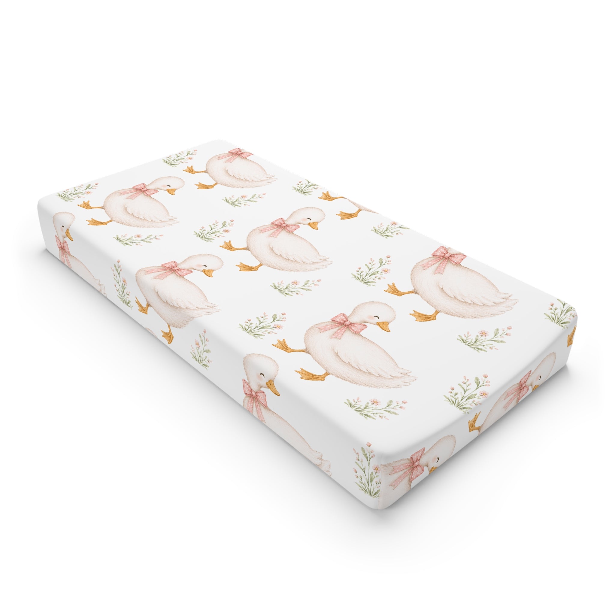 Duckling Floral Baby Changing Pad Cover — Soft Pink Swan Pattern Nursery Accessory