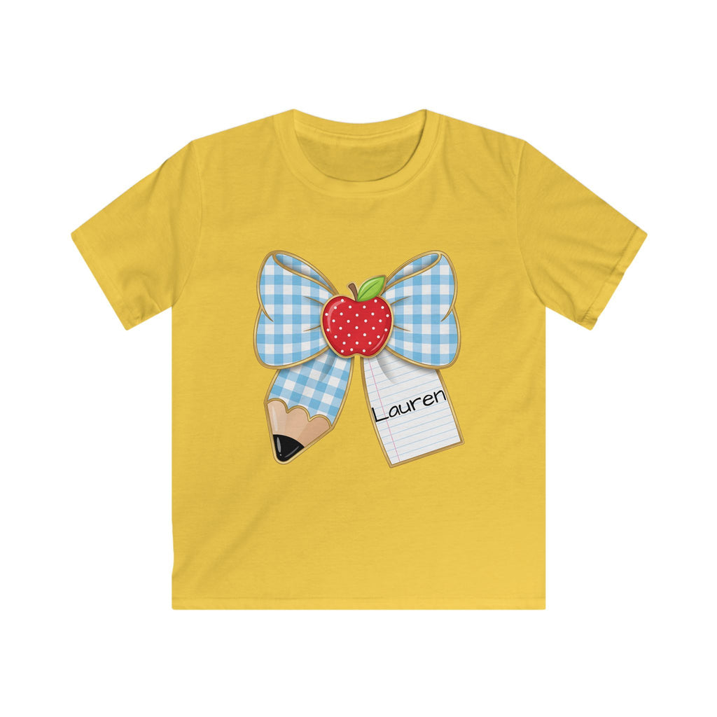 Personalized Kids Tee — Blue Gingham Bow, Apple & Pencil School Name Shirt