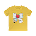 Personalized Kids Tee — Blue Gingham Bow, Apple & Pencil School Name Shirt