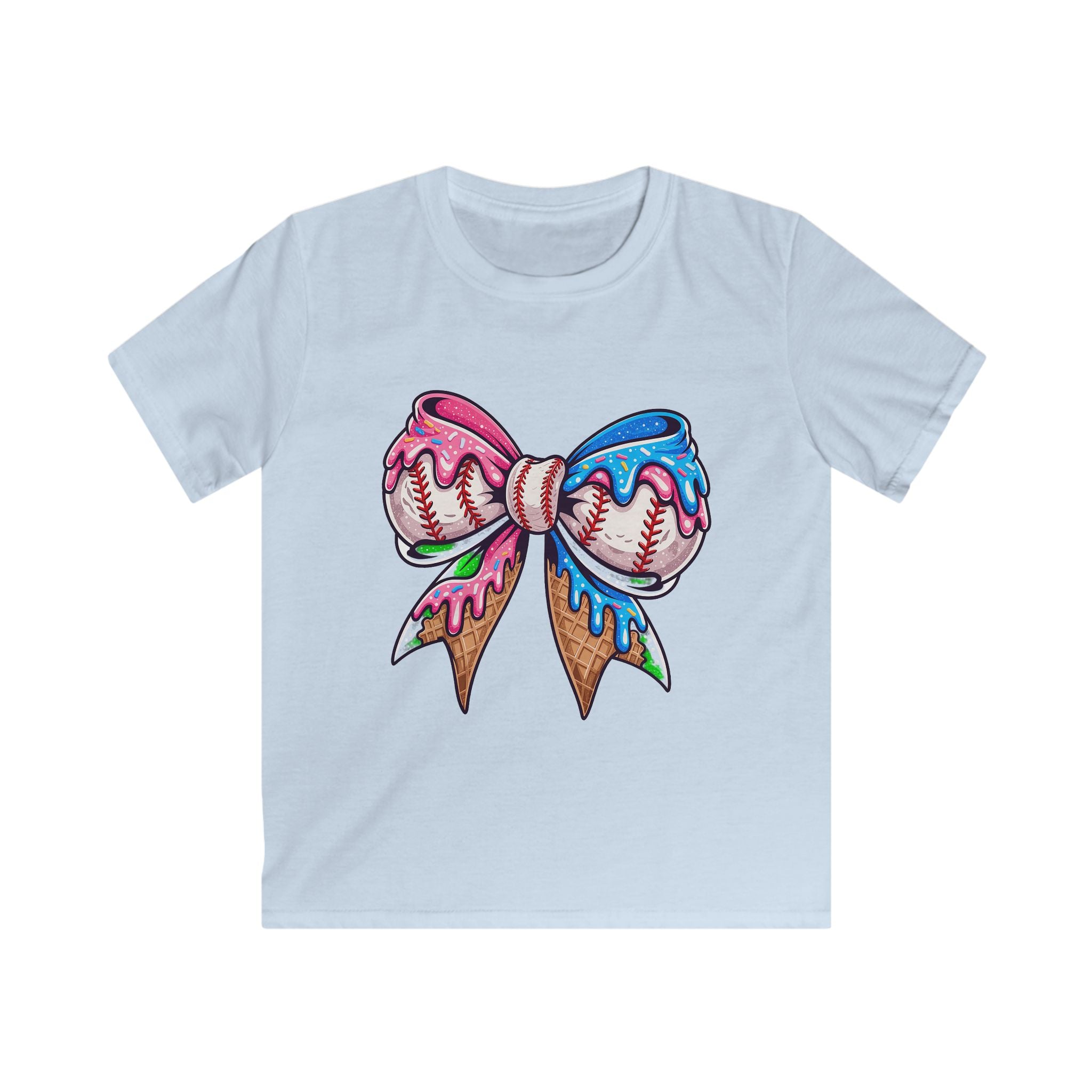 Kids Baseball Bow T-Shirt — Colorful Dripping Ice Cream Bow Design