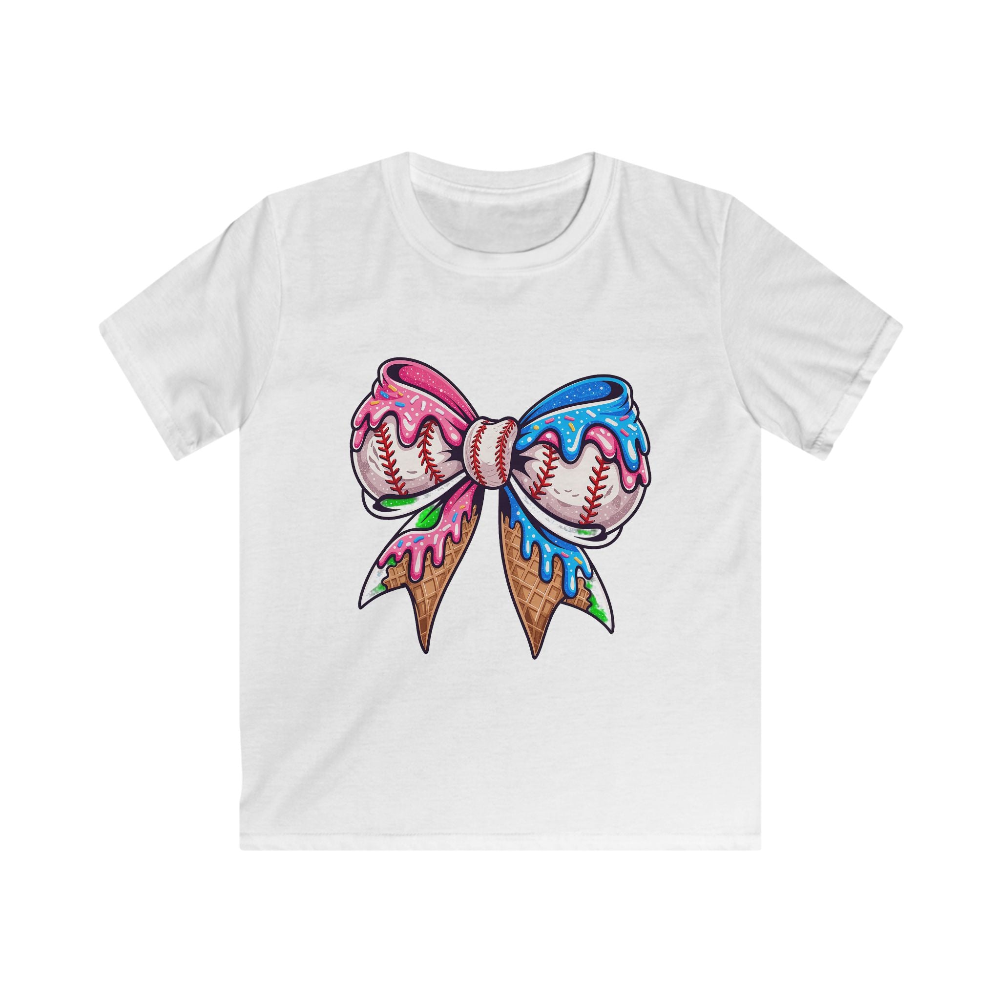 Kids Baseball Bow T-Shirt — Colorful Dripping Ice Cream Bow Design