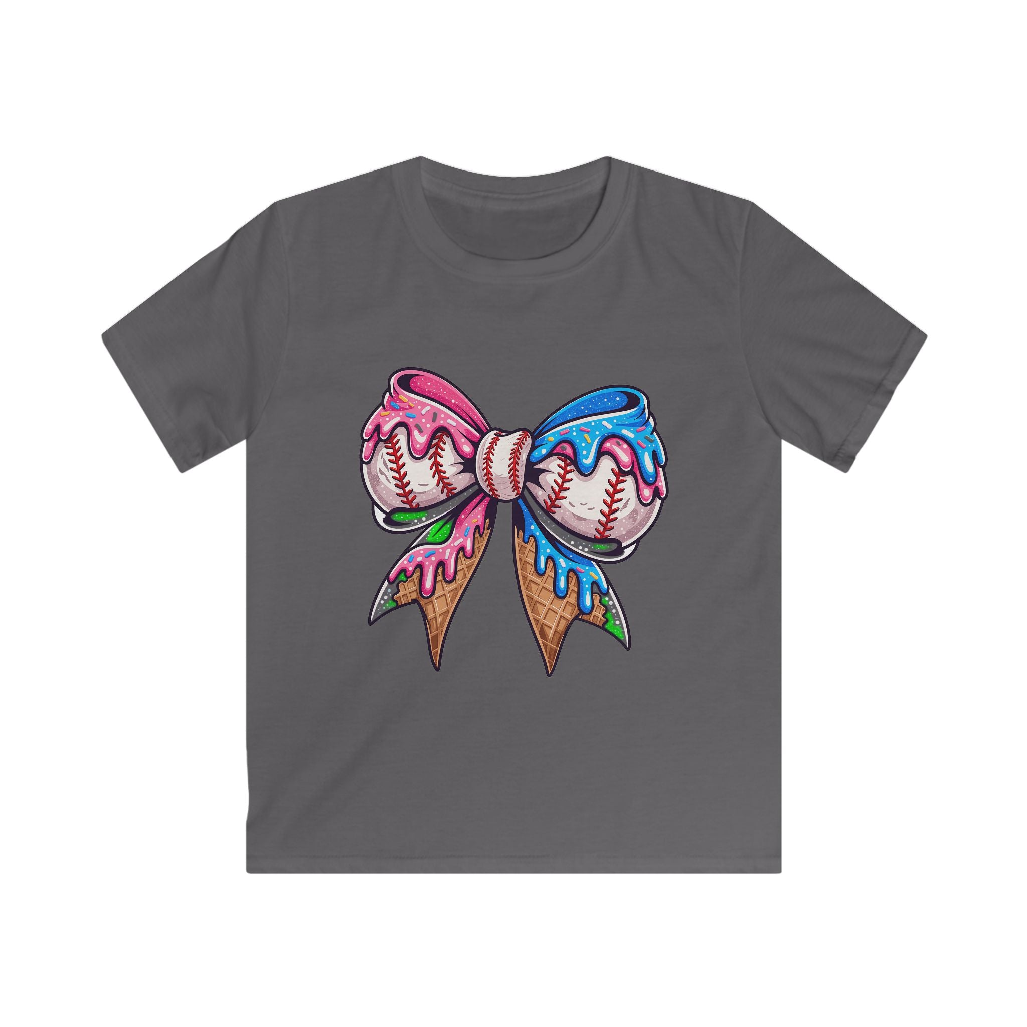 Kids Baseball Bow T-Shirt — Colorful Dripping Ice Cream Bow Design