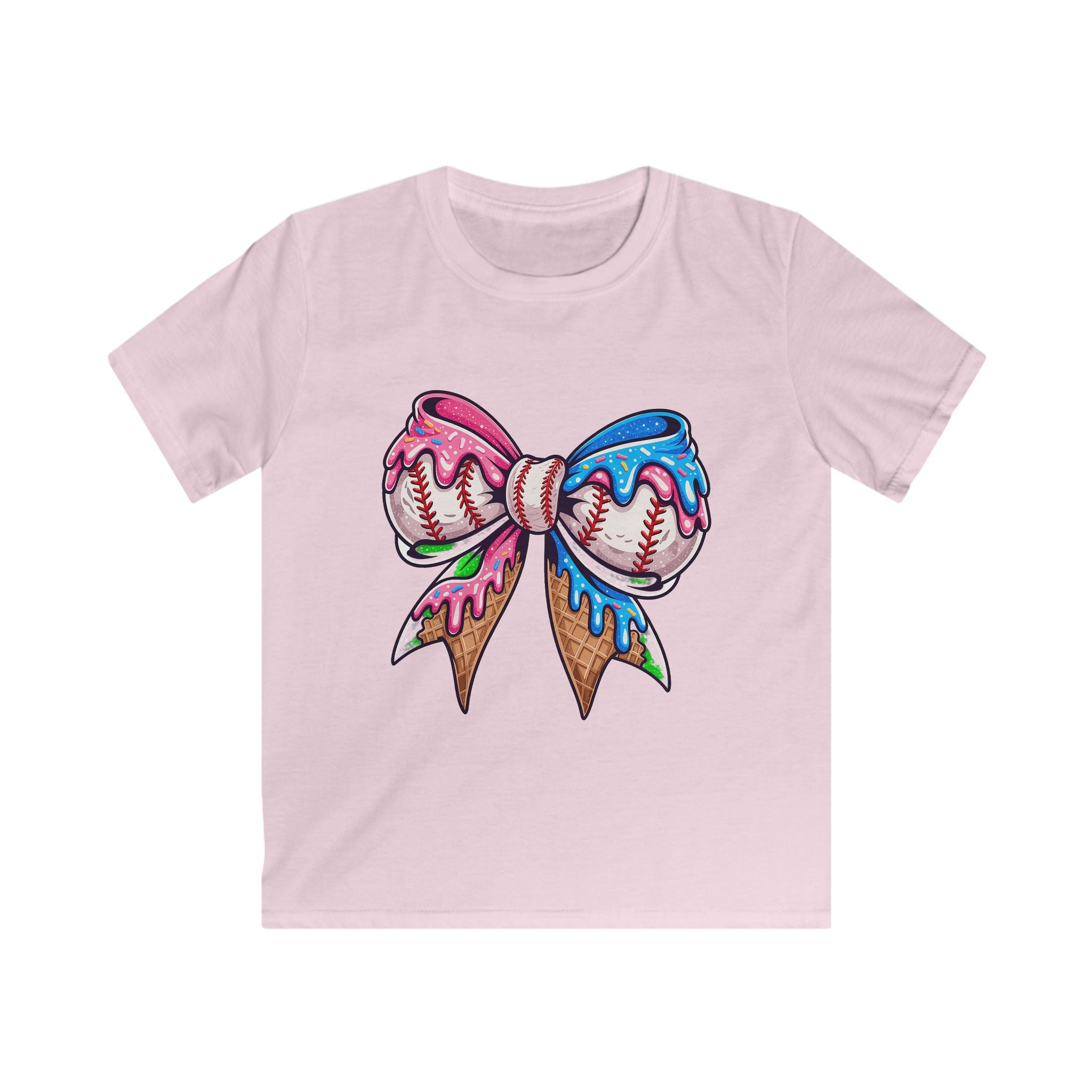 Kids Baseball Bow T-Shirt — Colorful Dripping Ice Cream Bow Design