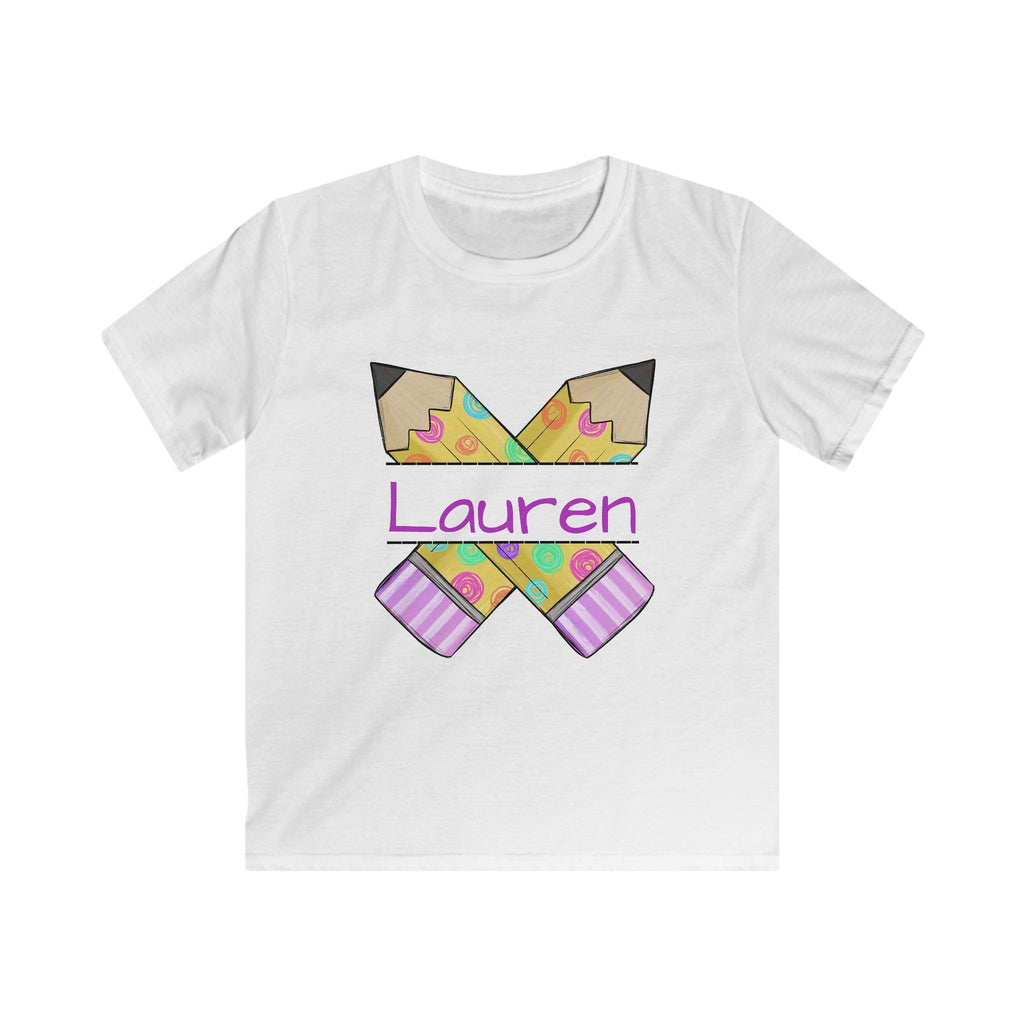 Personalized Kids Tee — Crossed Pencils Design with Name (Lauren)