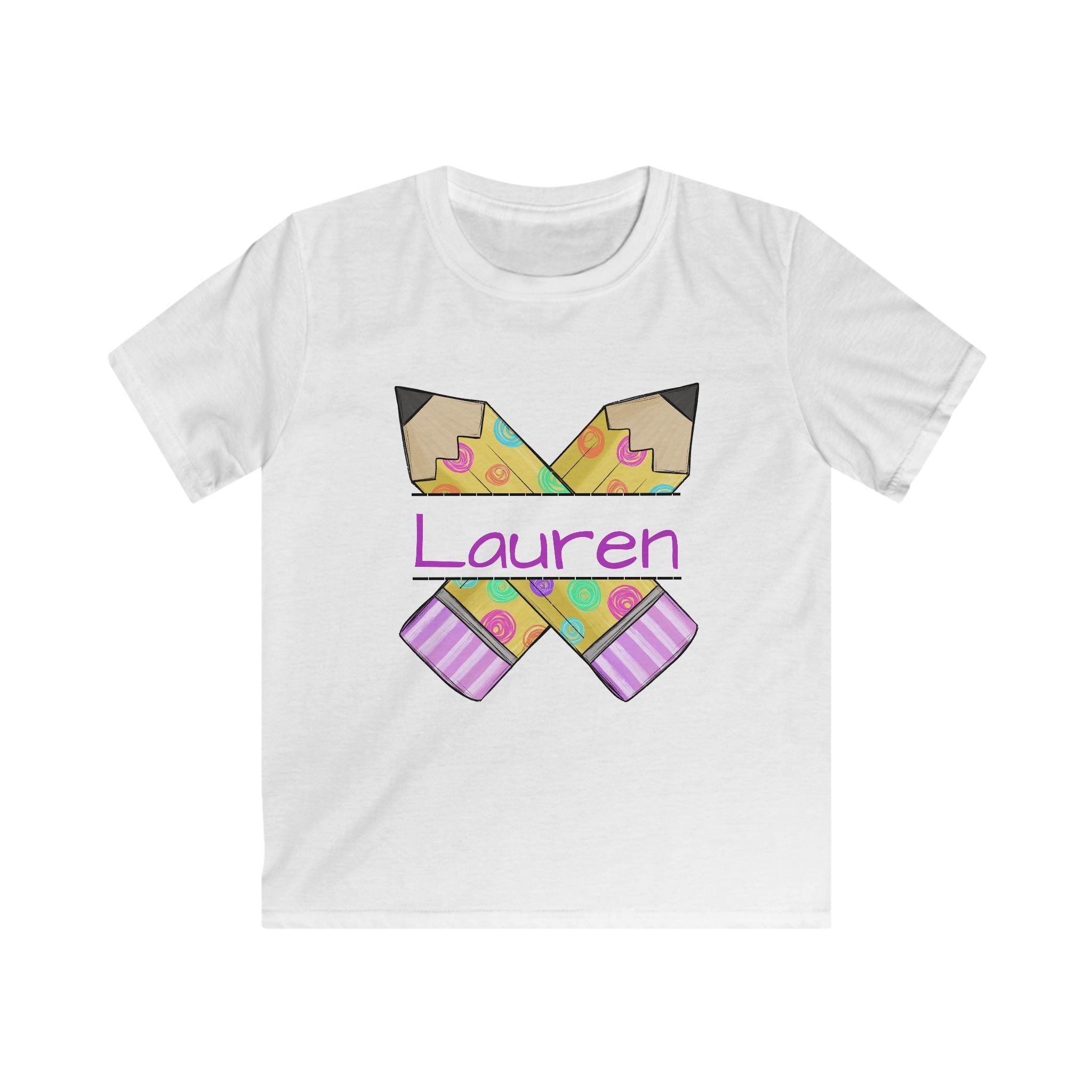 Personalized Kids Tee — Crossed Pencils Design with Name (Lauren)