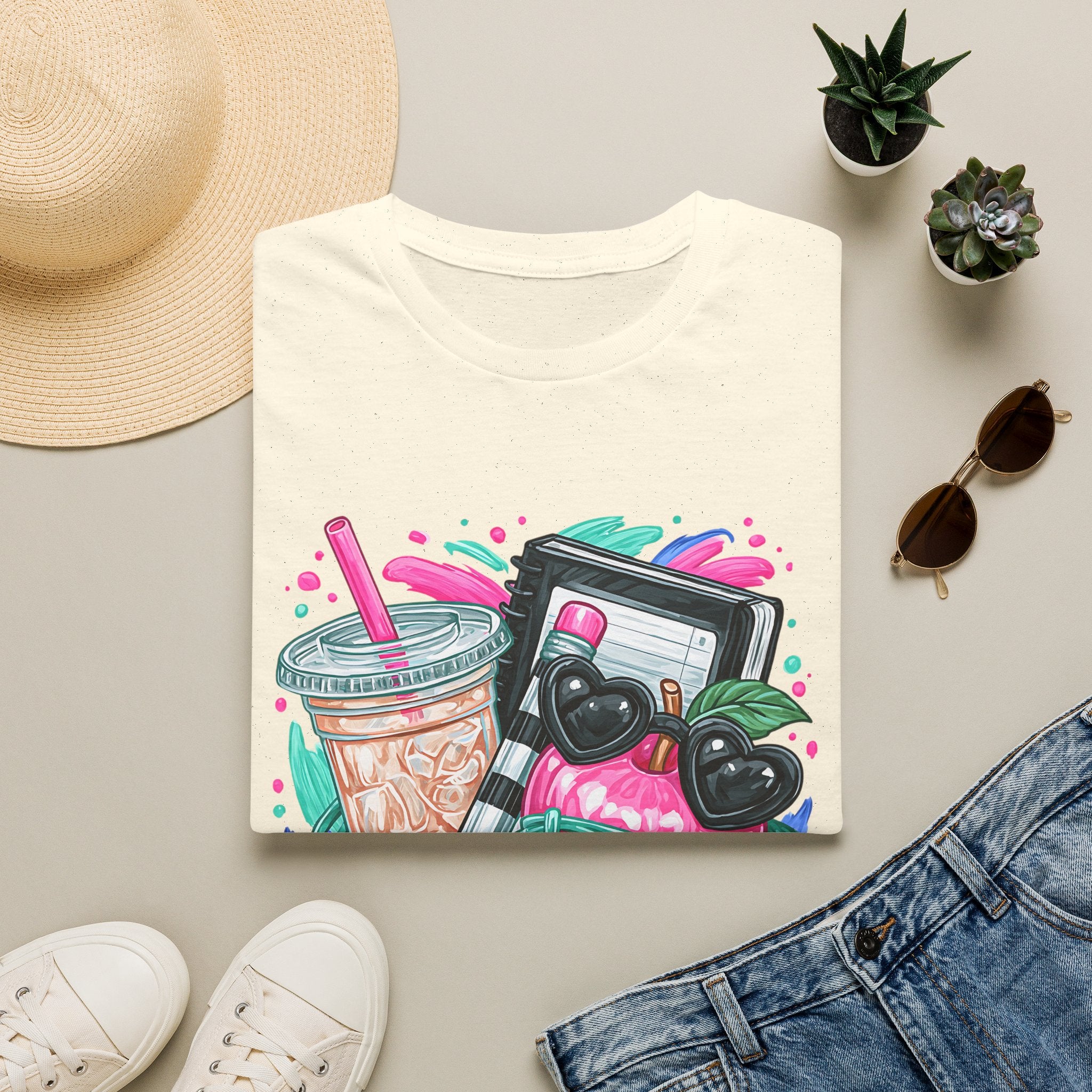 Retro Aesthetic Tee — Cute Cassette, Sunglasses & Iced Coffee Graphic Shirt