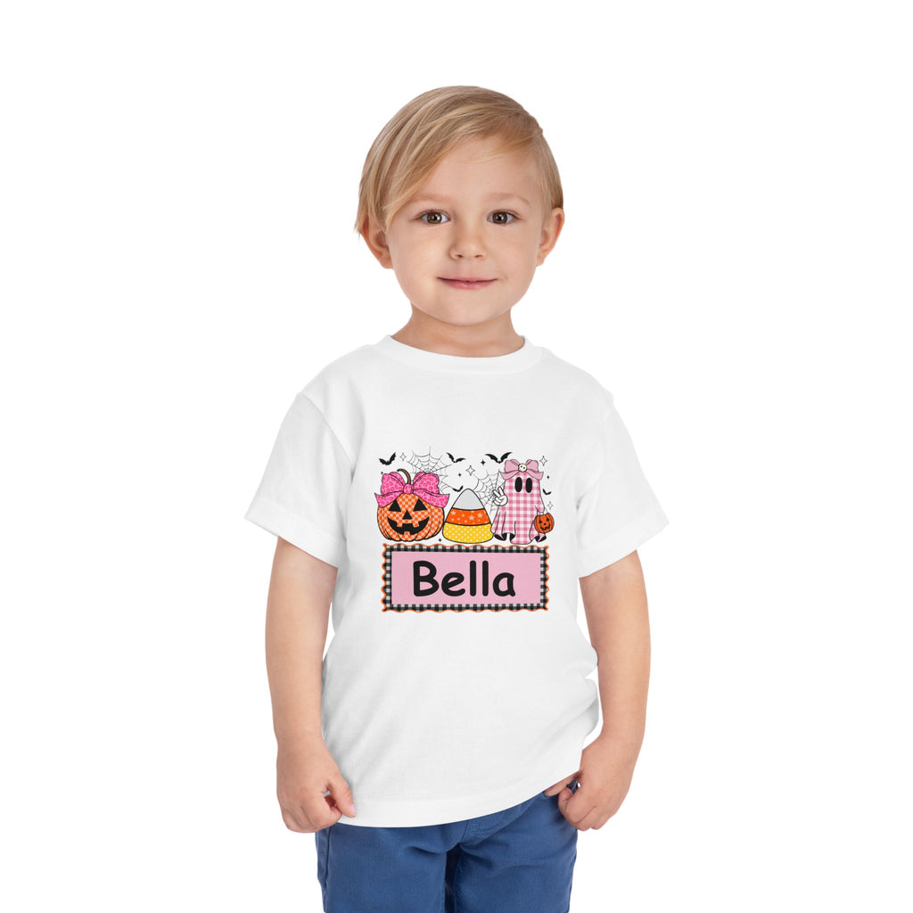 Personalized Toddler Halloween Tee - 'Bella' Pink Pumpkin, Candy Corn & Ghost Shirt