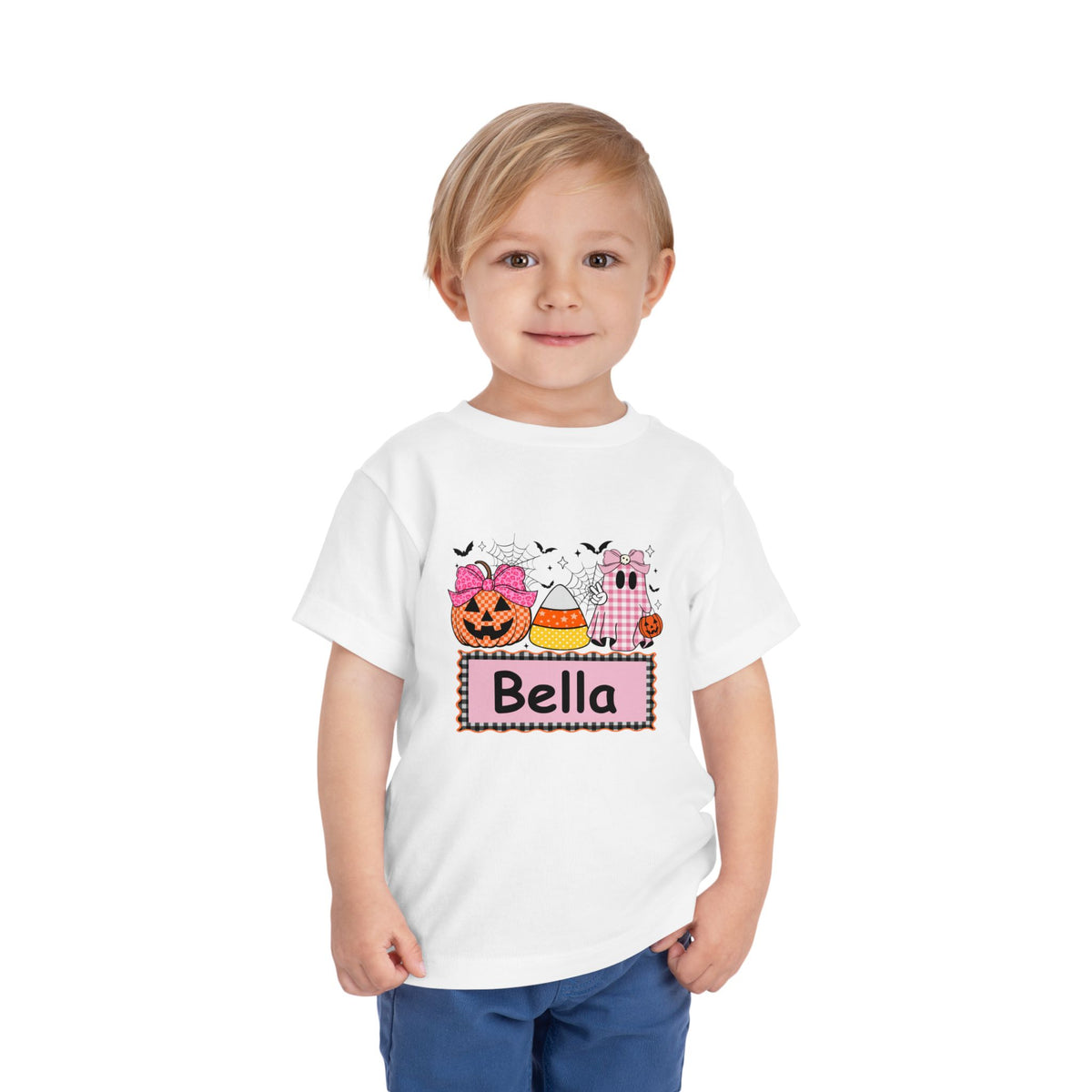 Personalized Toddler Halloween Tee - 'Bella' Pink Pumpkin, Candy Corn & Ghost Shirt