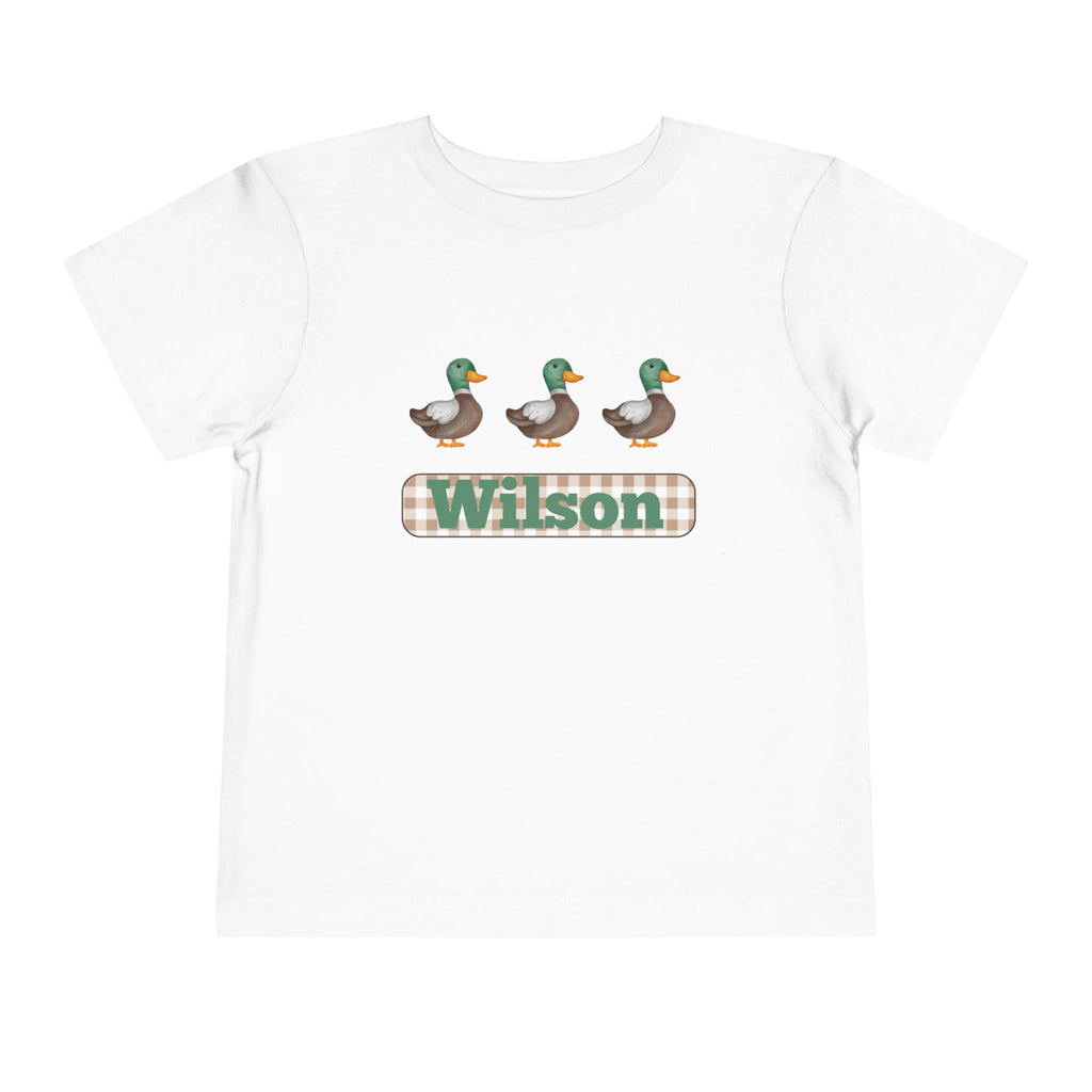 Personalized Toddler Tee - Green Mallard Ducks with Plaid Name (Wilson)
