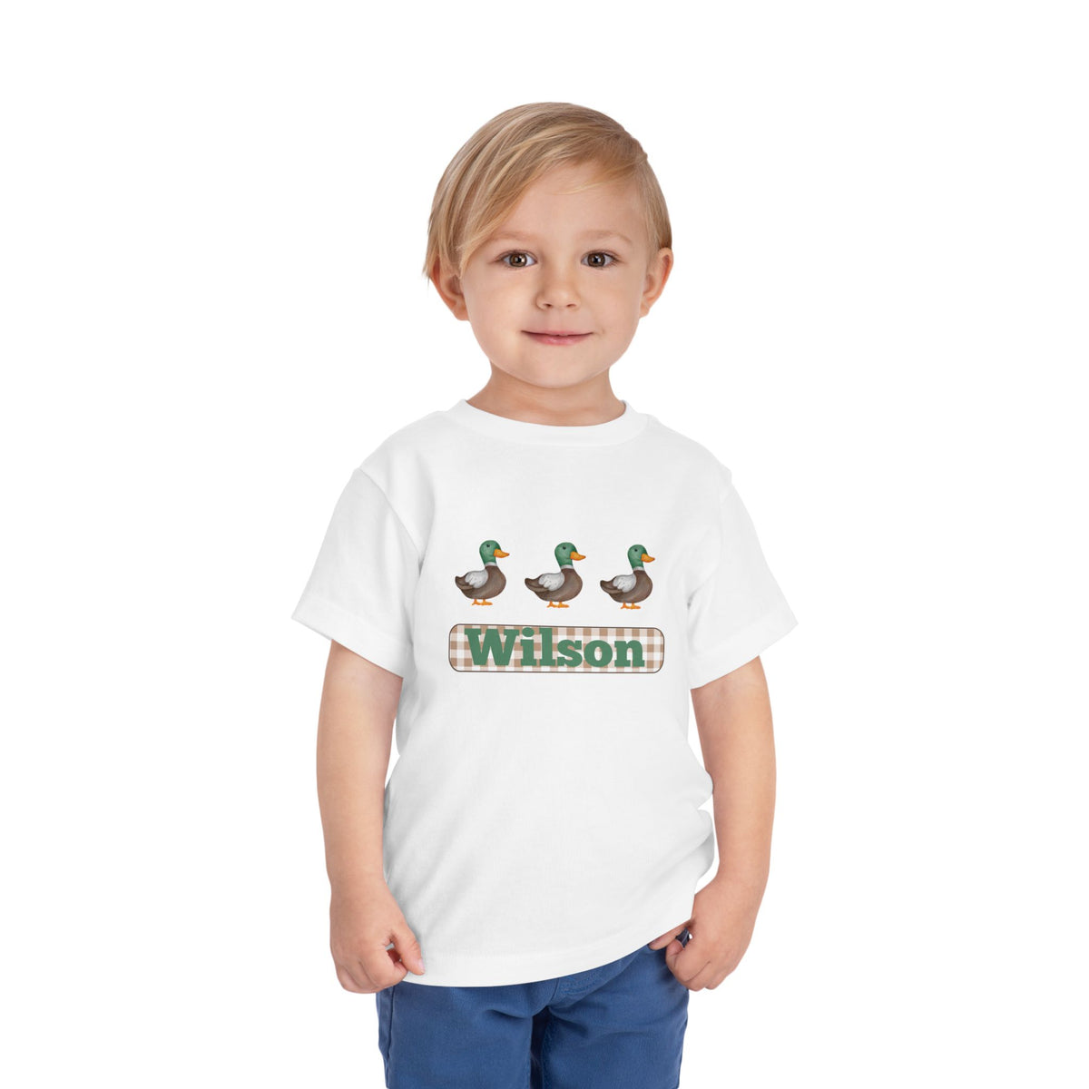 Personalized Toddler Tee - Green Mallard Ducks with Plaid Name (Wilson)
