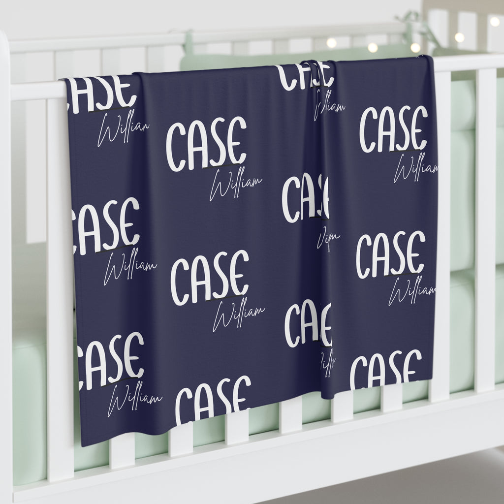 Personalized Navy Baby Swaddle Blanket — Custom Name “Case William”