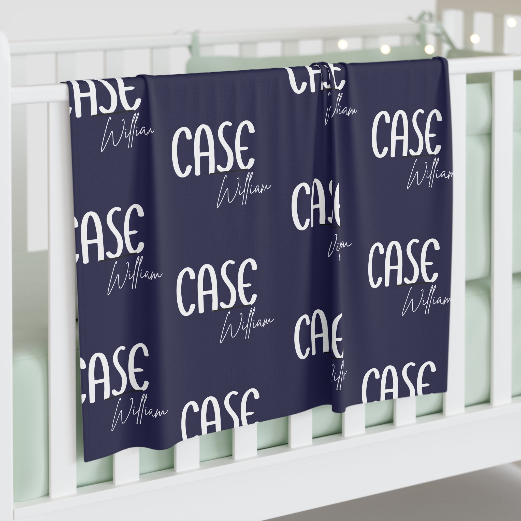 Personalized Navy Baby Swaddle Blanket — Custom Name “Case William”