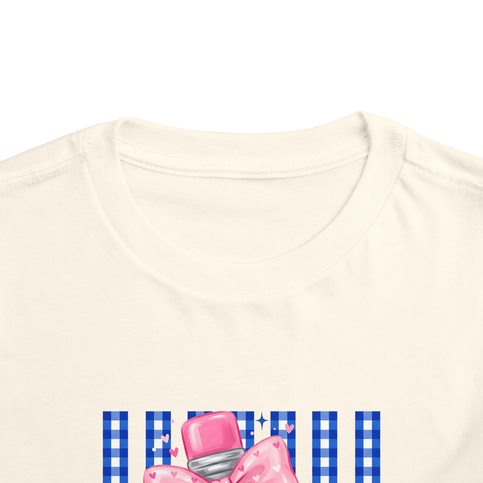 Toddler Tee — Pink Bow Pencil on Blue Striped Background