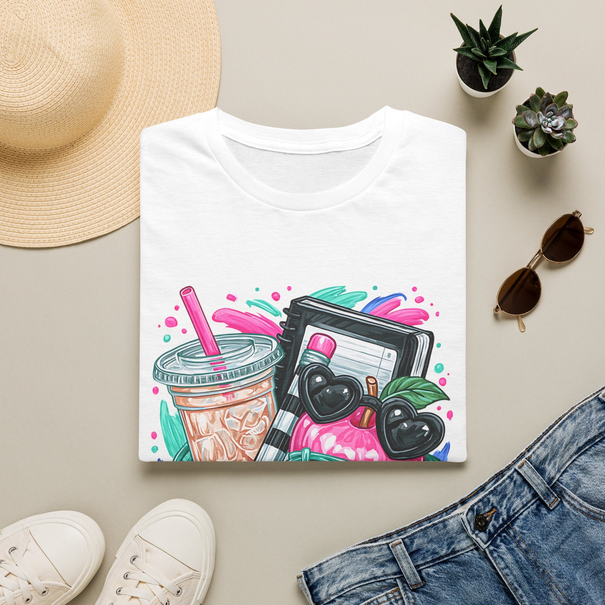 Retro Aesthetic Tee — Cute Cassette, Sunglasses & Iced Coffee Graphic Shirt