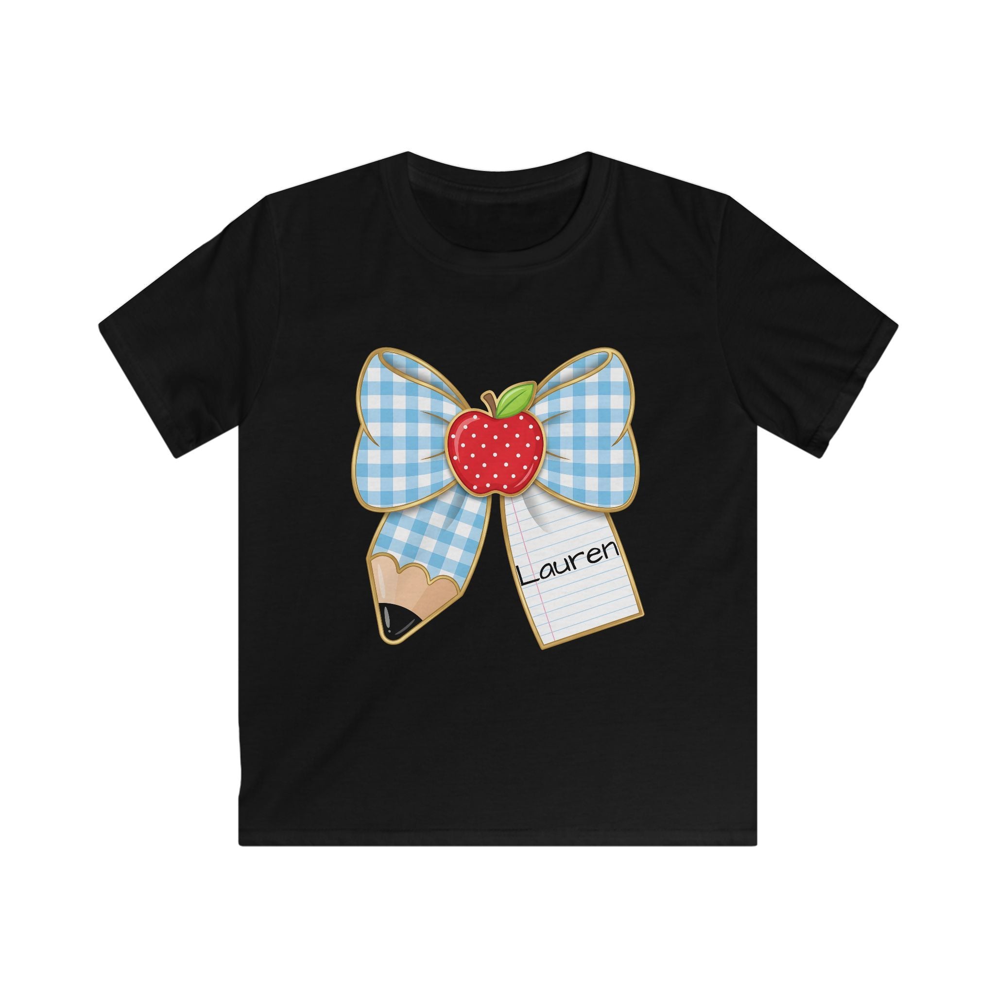 Personalized Kids Tee — Blue Gingham Bow, Apple & Pencil School Name Shirt