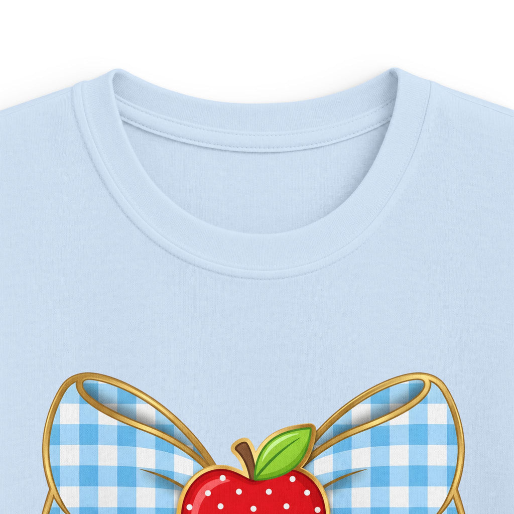 Personalized Kids Tee — Blue Gingham Bow, Apple & Pencil School Name Shirt