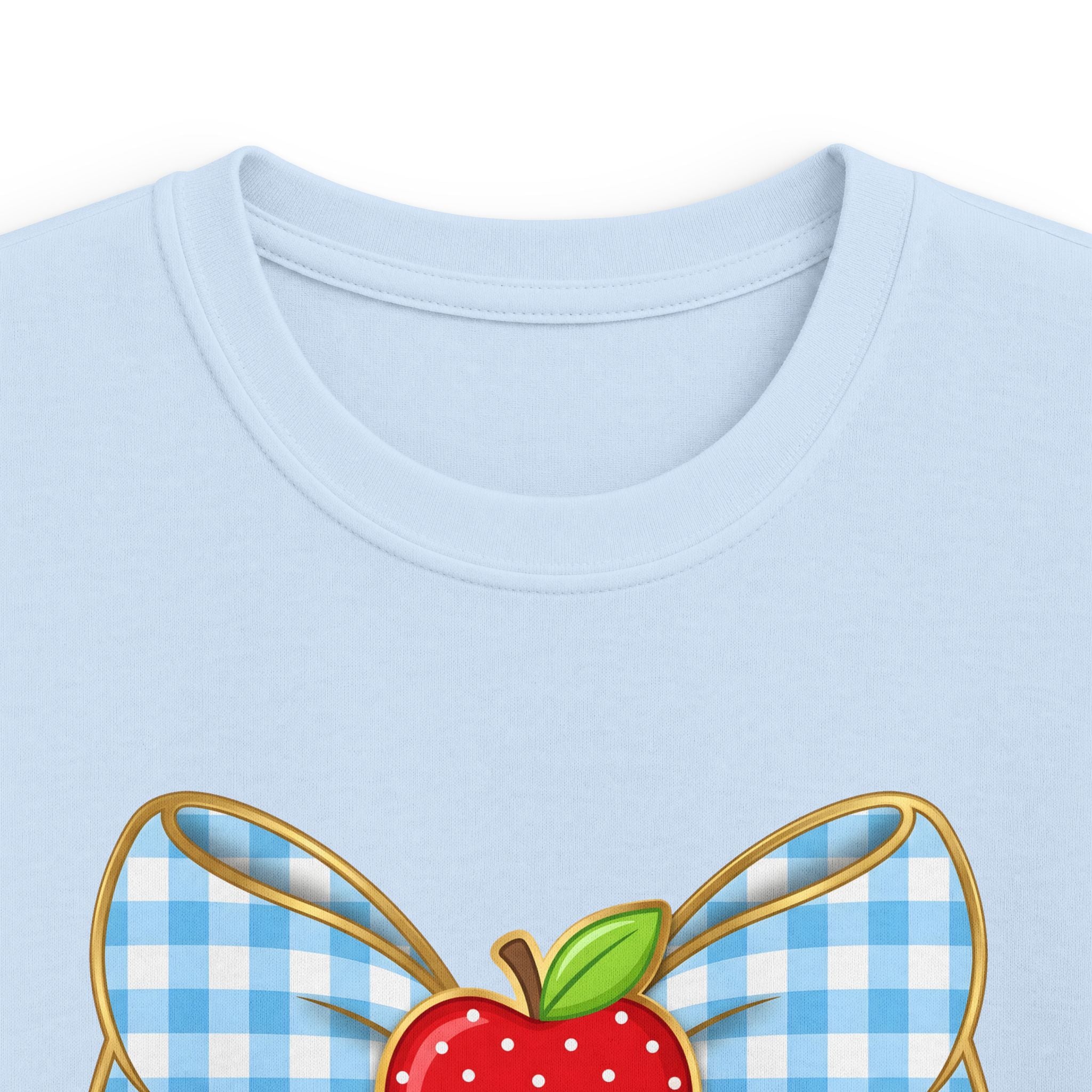 Personalized Kids Tee — Blue Gingham Bow, Apple & Pencil School Name Shirt