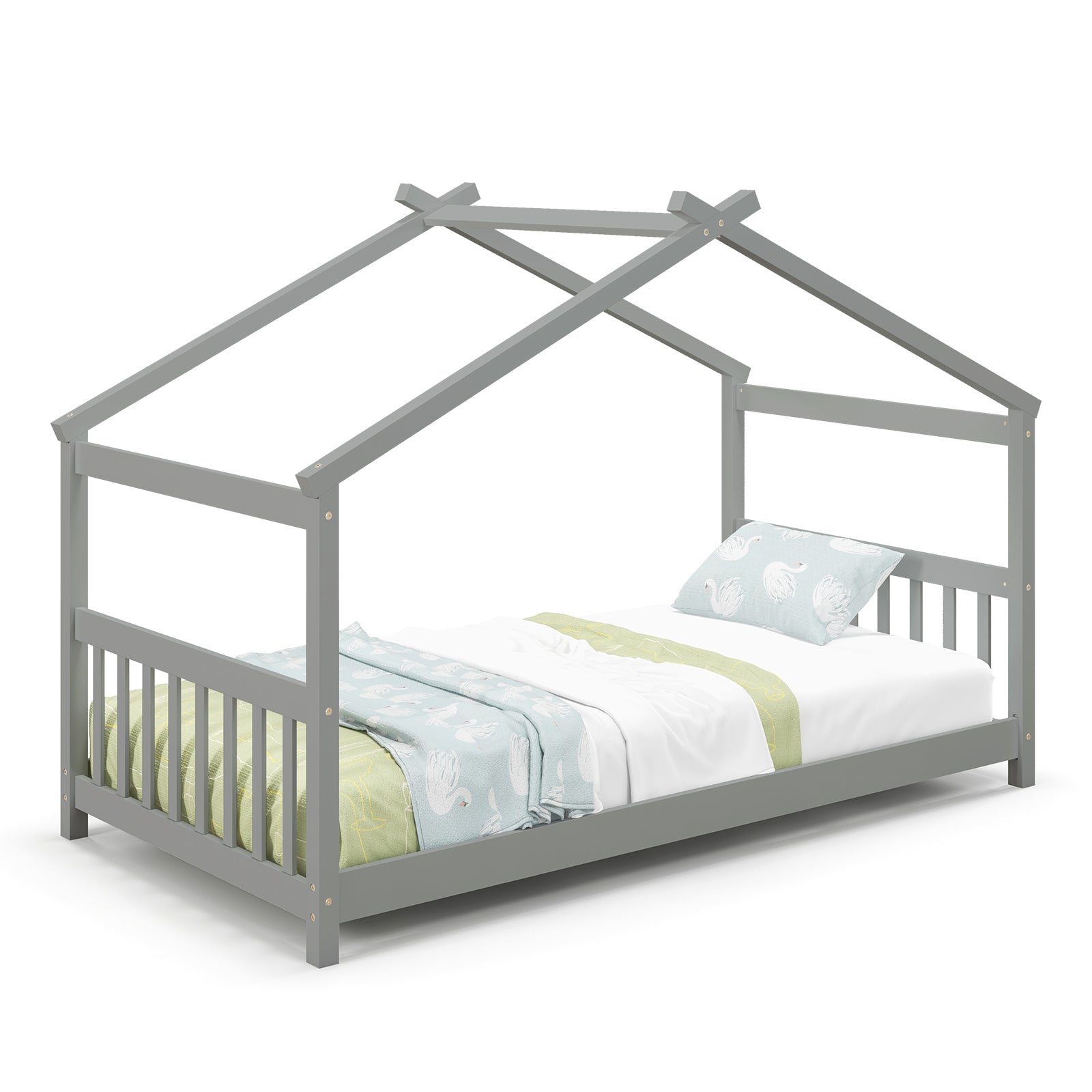 Twin Size Wooden House Bed with Roof